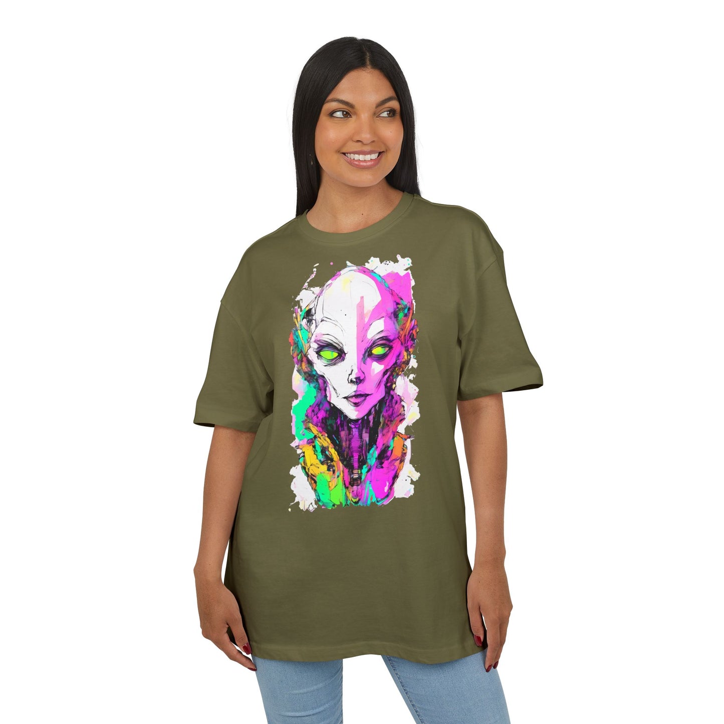 Colorful Alien Graphic Unisex Heavy Oversize Tee | Casual Streetwear, Gift for UFO Enthusiasts, Statement Tee, Festival Wear, Unique Art Tee
