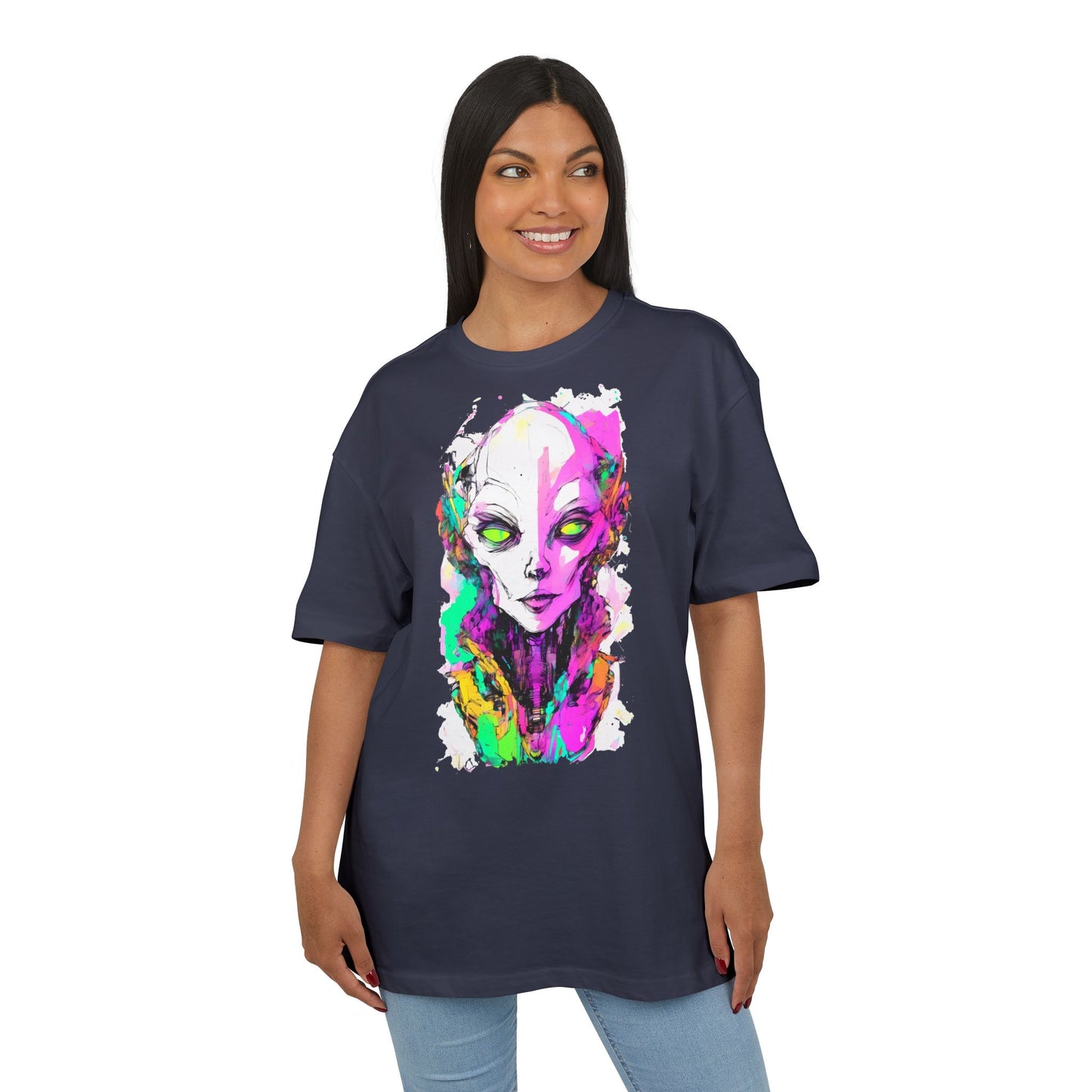 Colorful Alien Graphic Unisex Heavy Oversize Tee | Casual Streetwear, Gift for UFO Enthusiasts, Statement Tee, Festival Wear, Unique Art Tee