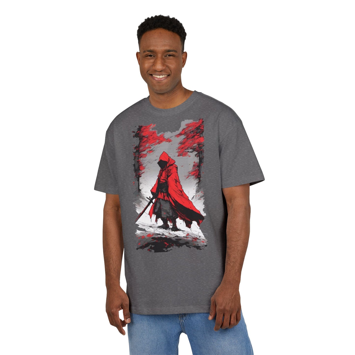 Stylish Unisex Heavy Oversize Tee - Red Hooded Figure Design, Graphic Tee, Casual Wear, Streetwear, Gifts for Men and Women