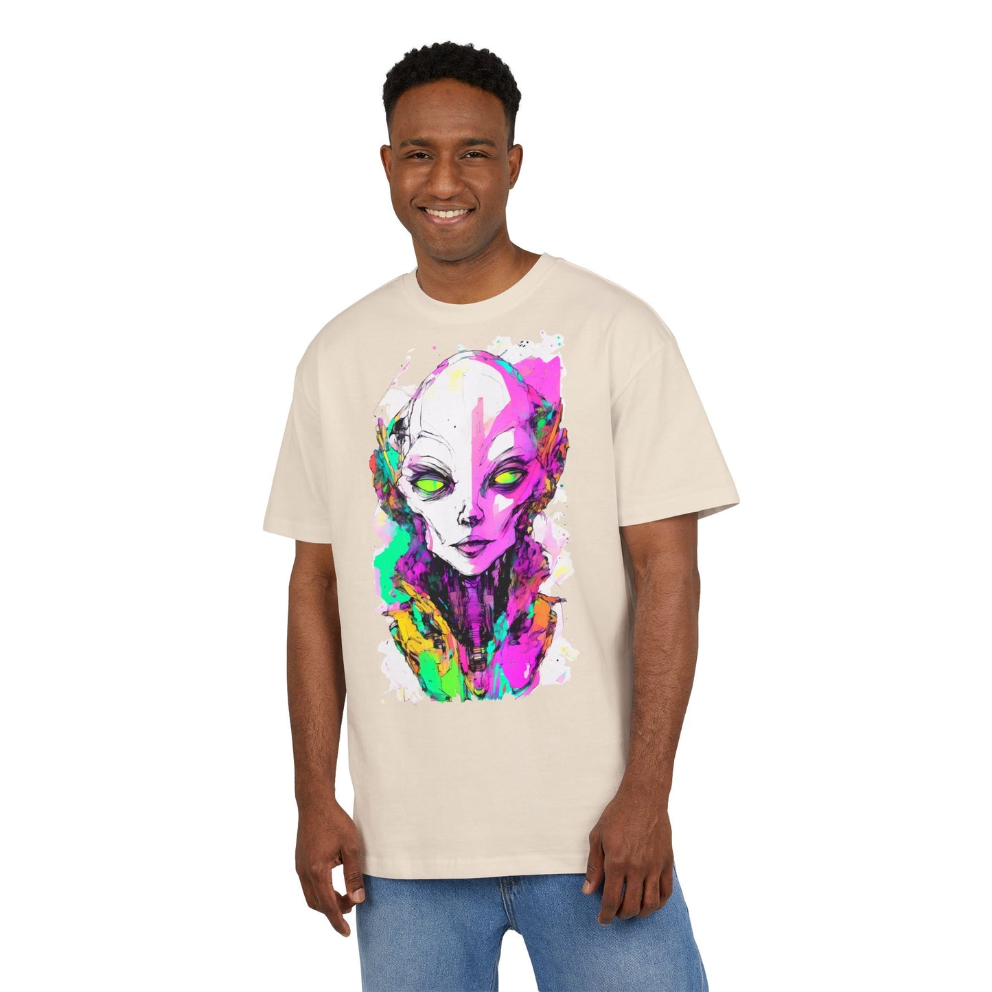 Colorful Alien Graphic Unisex Heavy Oversize Tee | Casual Streetwear, Gift for UFO Enthusiasts, Statement Tee, Festival Wear, Unique Art Tee