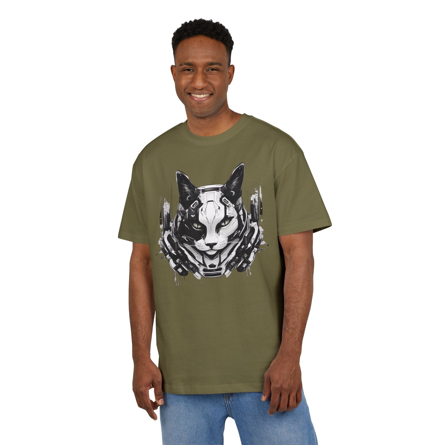 Cyber Cat Graphic Tee - Unisex Oversized T-Shirt, Cool Streetwear, Gift for Cat Lovers, Futuristic Design, Casual Everyday Wear