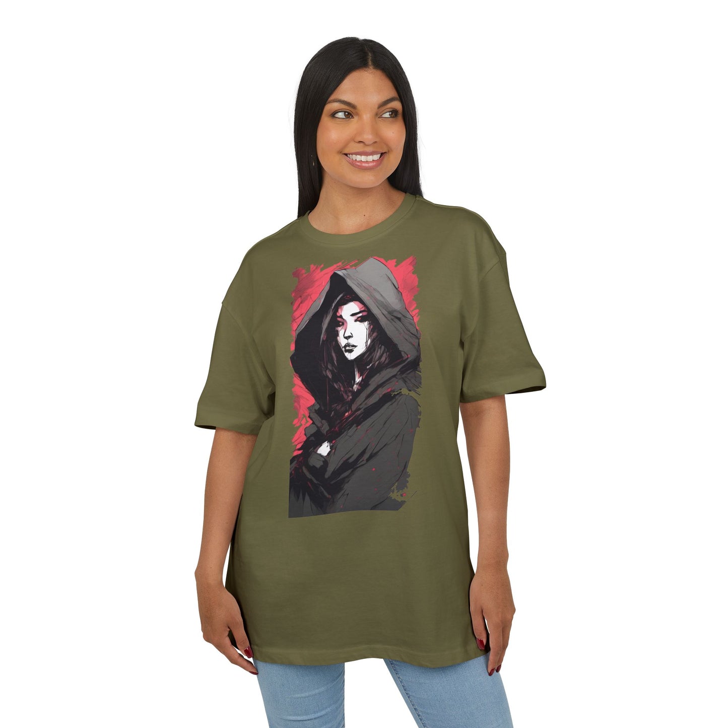 Artistic Oversize Tee with Hooded Character Design, Unisex Streetwear, Graphic Tee, Casual Wear, Unique Gift, Fashion Statement