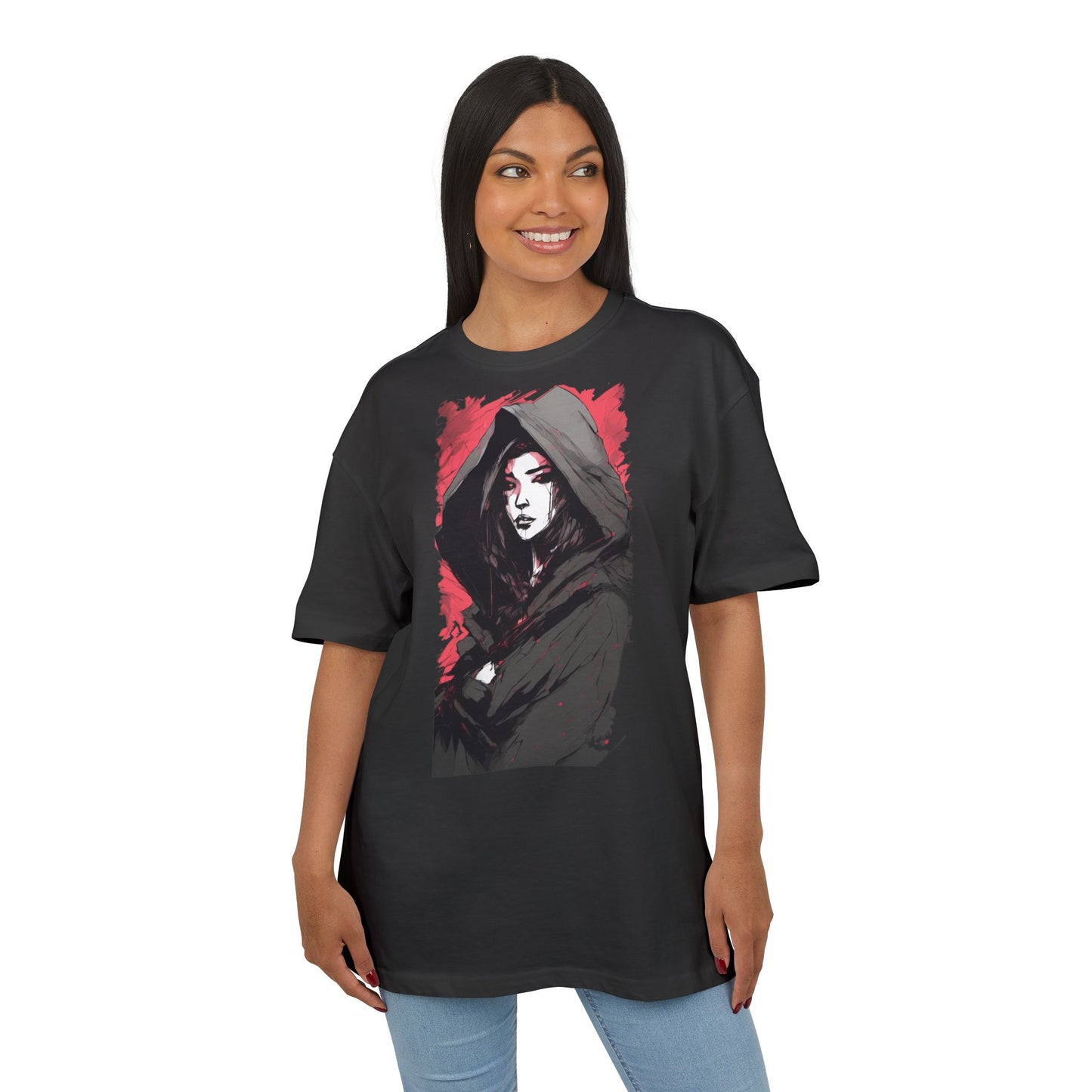 Artistic Oversize Tee with Hooded Character Design, Unisex Streetwear, Graphic Tee, Casual Wear, Unique Gift, Fashion Statement