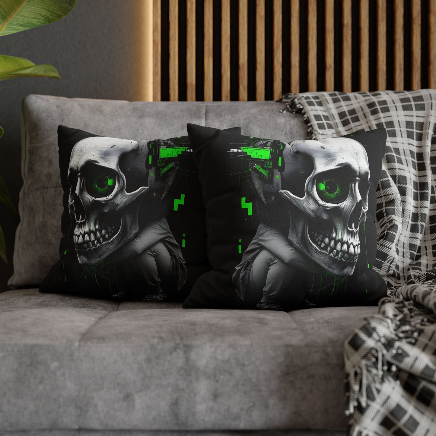 Edgy Skull Pillowcase | Gaming Decor, Modern Home Accent, Halloween Gift, Unique Couch Pillow, Cyberpunk Style