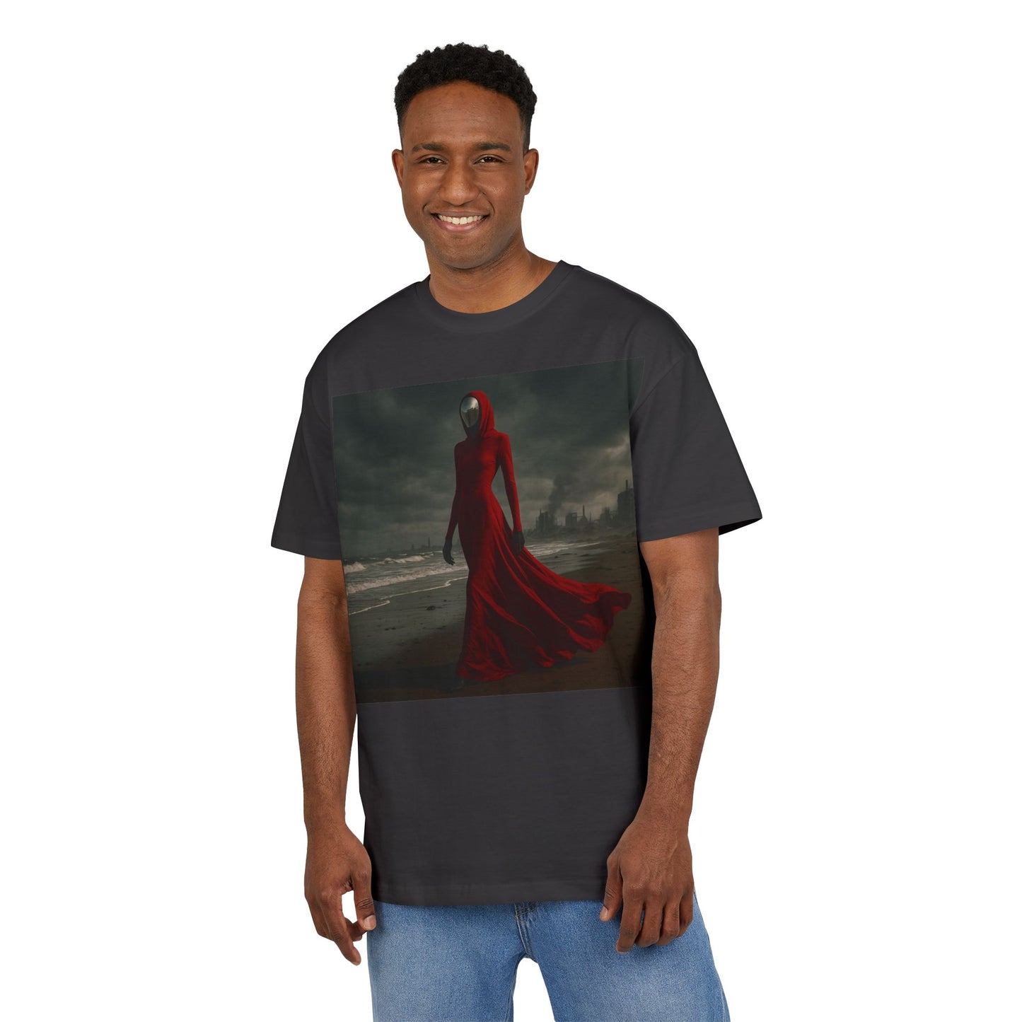 Mystical Red Hooded Tee - Unisex Oversize T-Shirt, Grunge Fashion, Streetwear Style, Gift for Horror Fans, Casual Wear