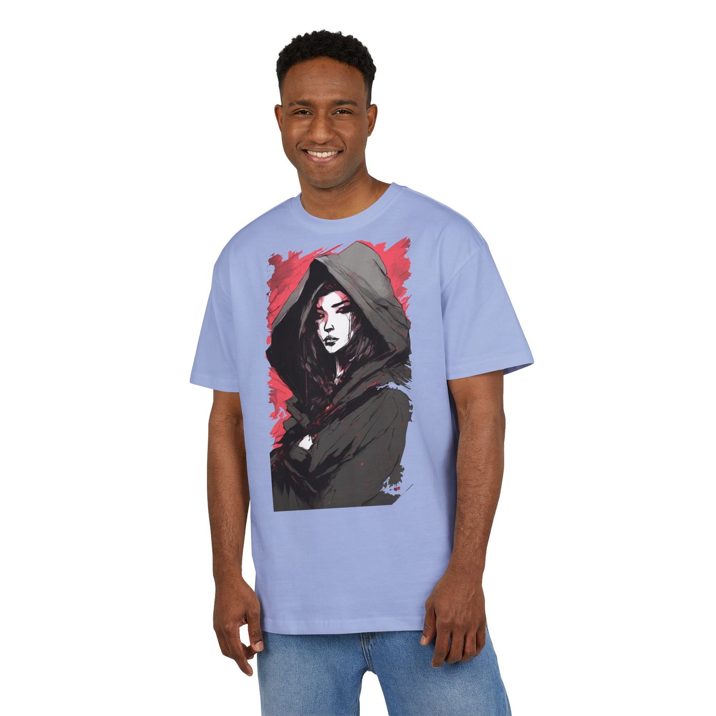Artistic Oversize Tee with Hooded Character Design, Unisex Streetwear, Graphic Tee, Casual Wear, Unique Gift, Fashion Statement