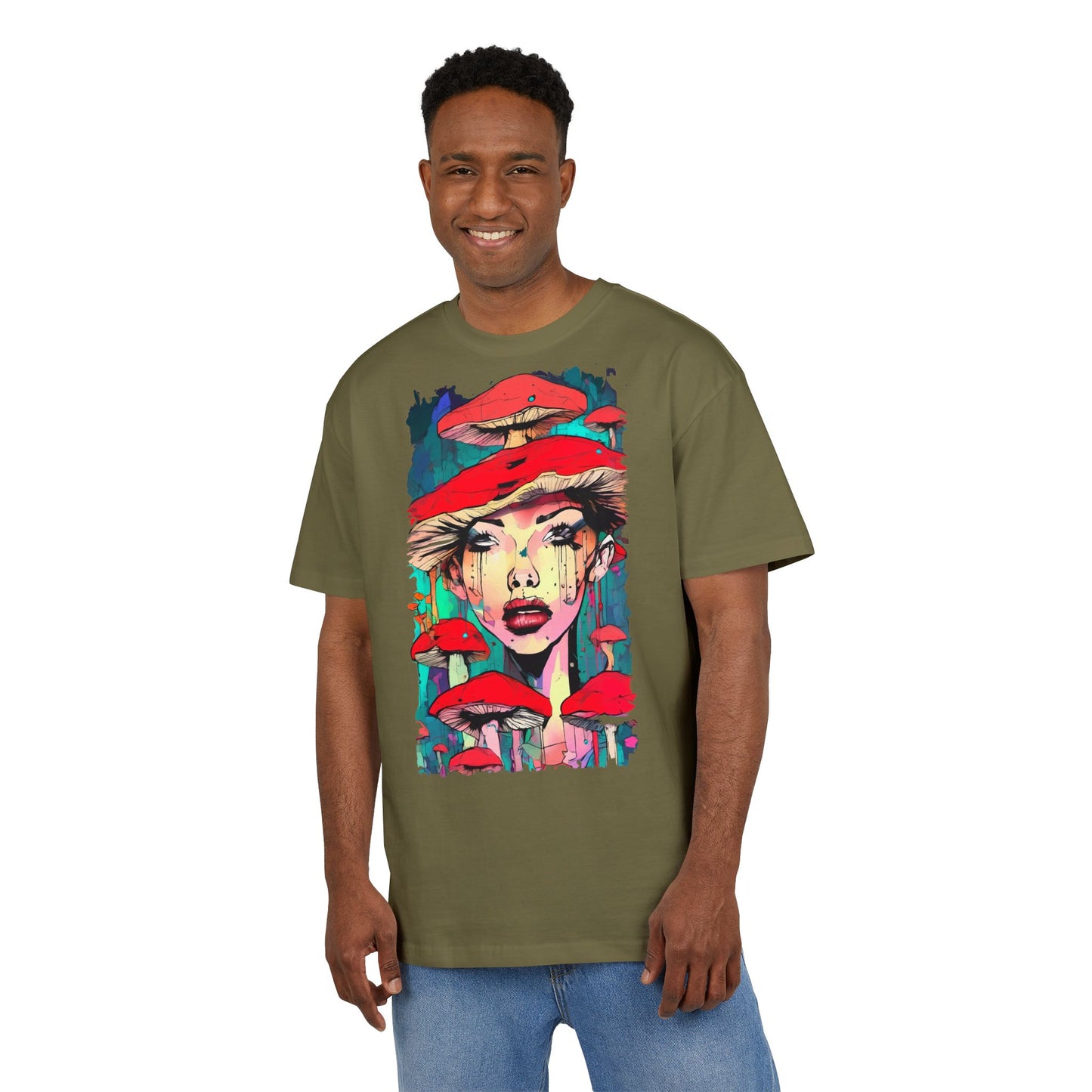 Colorful Art Tee, Unisex Heavy Oversize Tee with Mushroom Design, Casual Wear, Graphic Shirt, Gift for Art Lovers, Streetwear Style