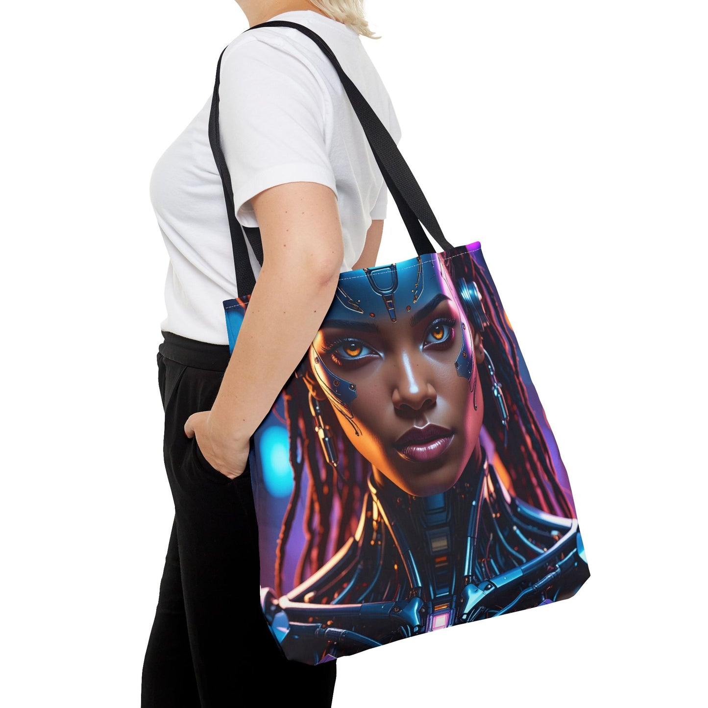 Futuristic Cyberpunk Tote Bag, AOP Tote, Cool Gift for Tech Lovers, Stylish Bag for Everyday Use, Space-Themed Fashion