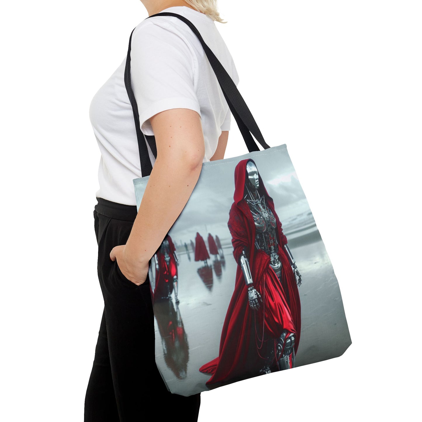 Futuristic Red Hooded Tote Bag, Eco-Friendly Shopping Tote, Stylish Reusable Bag, Perfect for Gifts, Fashion Statement