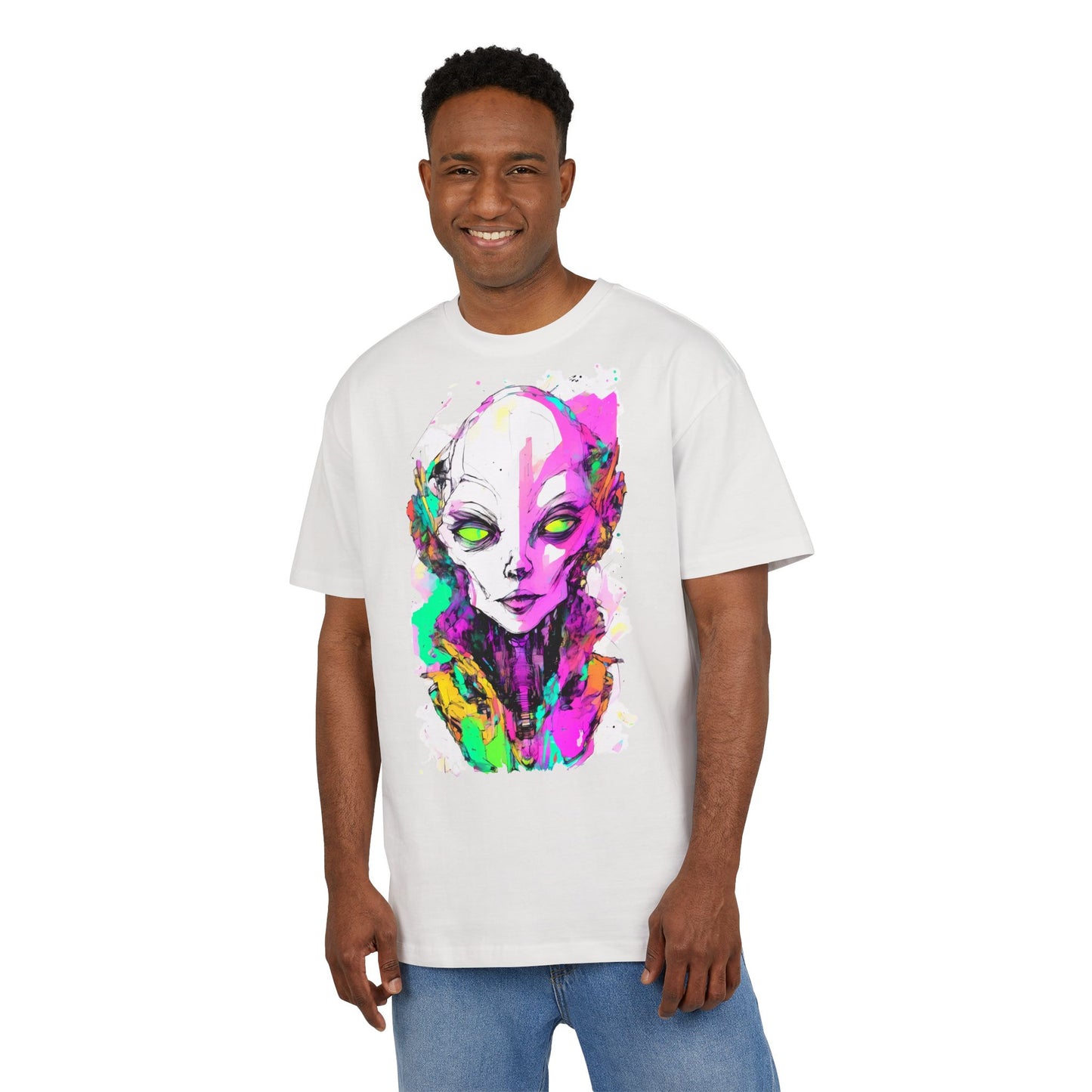 Colorful Alien Graphic Unisex Heavy Oversize Tee | Casual Streetwear, Gift for UFO Enthusiasts, Statement Tee, Festival Wear, Unique Art Tee