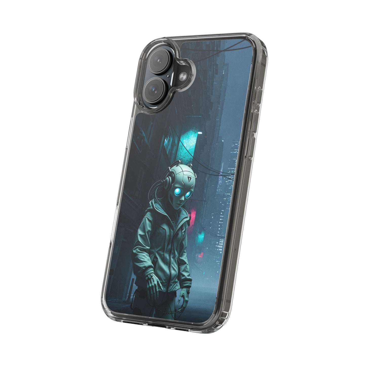 Futuristic Clear Phone Case with Neon City Design