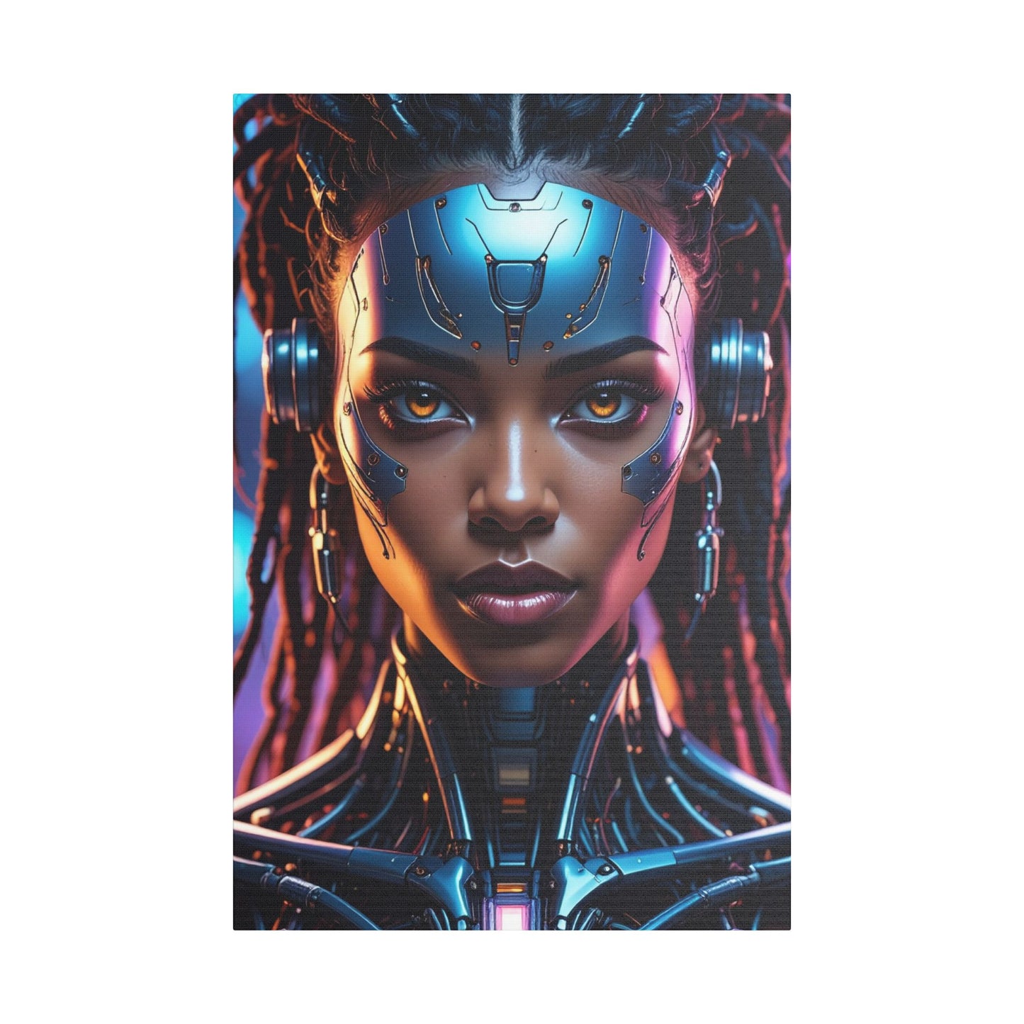 Satin Canvas Wall Art, Futuristic Female Portrait, Sci-Fi Decor, Cyberpunk Artwork, Geek Home Decor, Gift for Tech Lovers