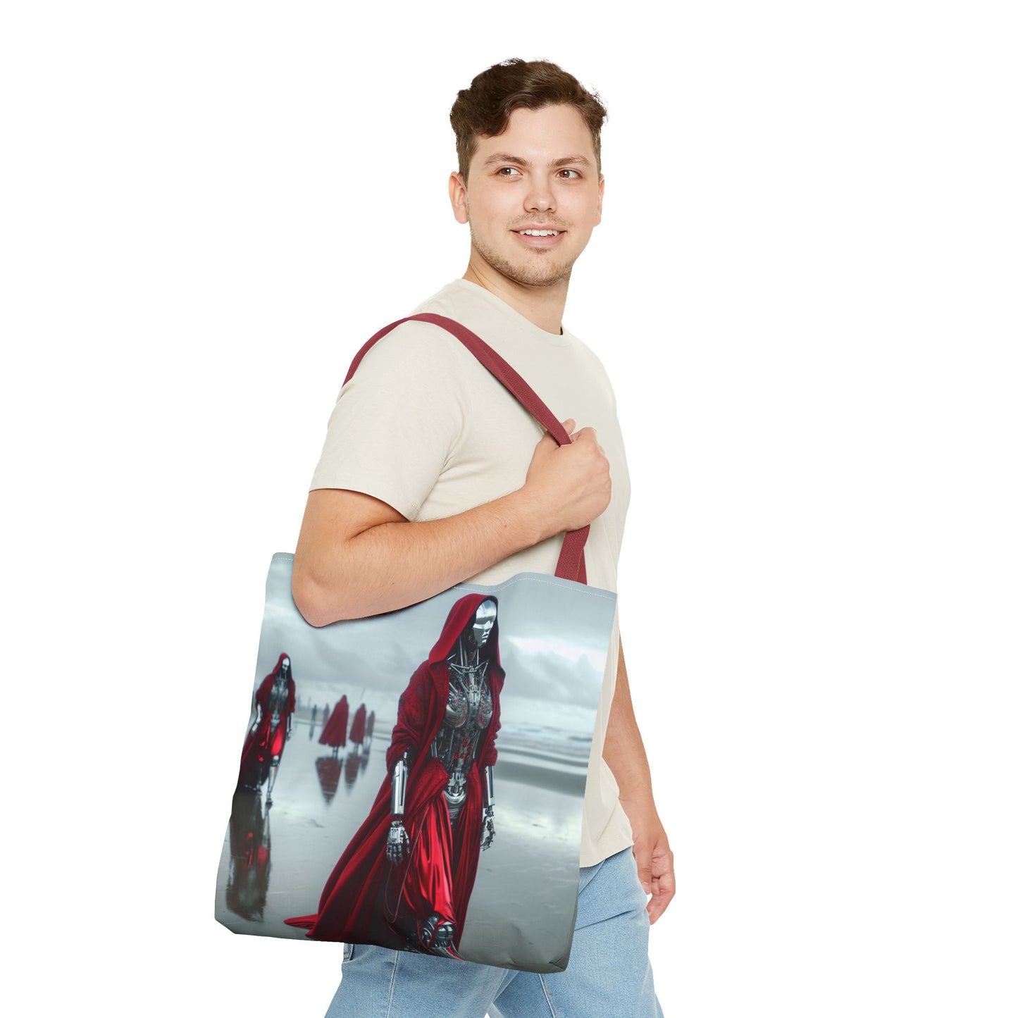Futuristic Red Hooded Tote Bag, Eco-Friendly Shopping Tote, Stylish Reusable Bag, Perfect for Gifts, Fashion Statement