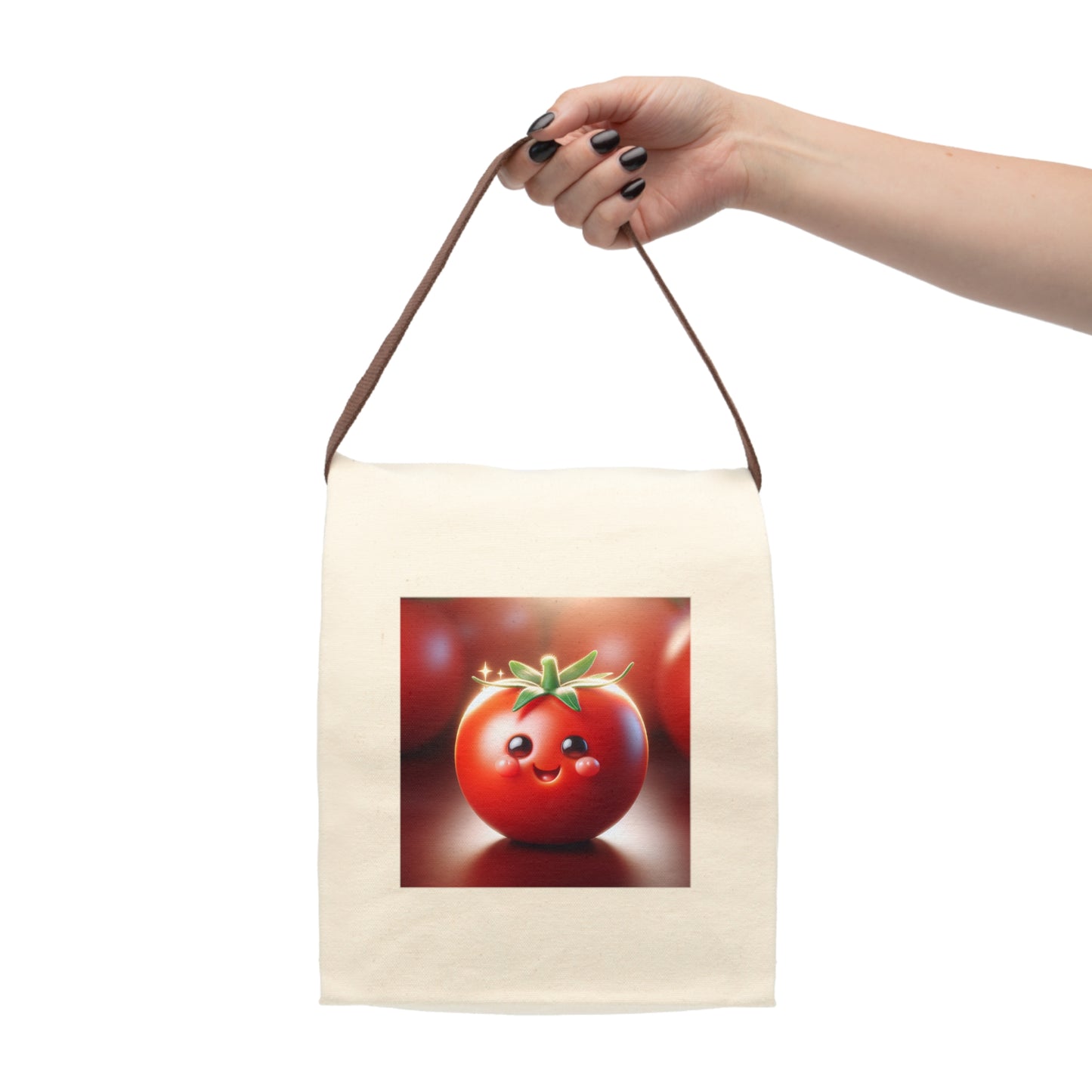 Cheerful Tomato Canvas Lunch Bag with Strap, Cute Lunch Tote, Funny Food Storage, Reusable Snack Bag, Picnic Accessory, Kids Lunch Bag