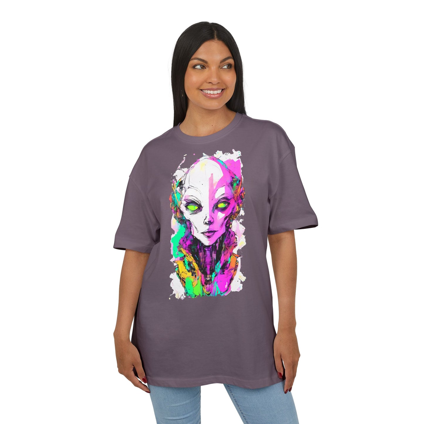 Colorful Alien Graphic Unisex Heavy Oversize Tee | Casual Streetwear, Gift for UFO Enthusiasts, Statement Tee, Festival Wear, Unique Art Tee