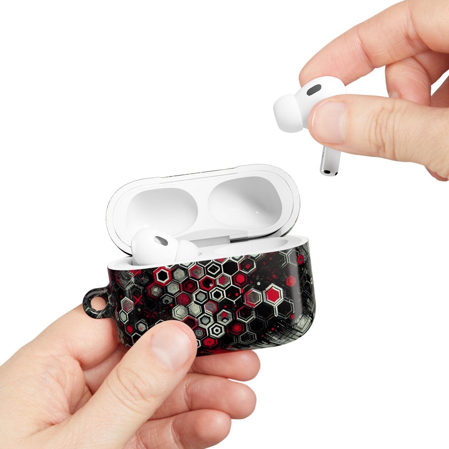 Hexagonal Red & Black AirPod Case | Trendy Tech Accessory, Unique Gifts for Music Lovers, Stylish Earbud Protection