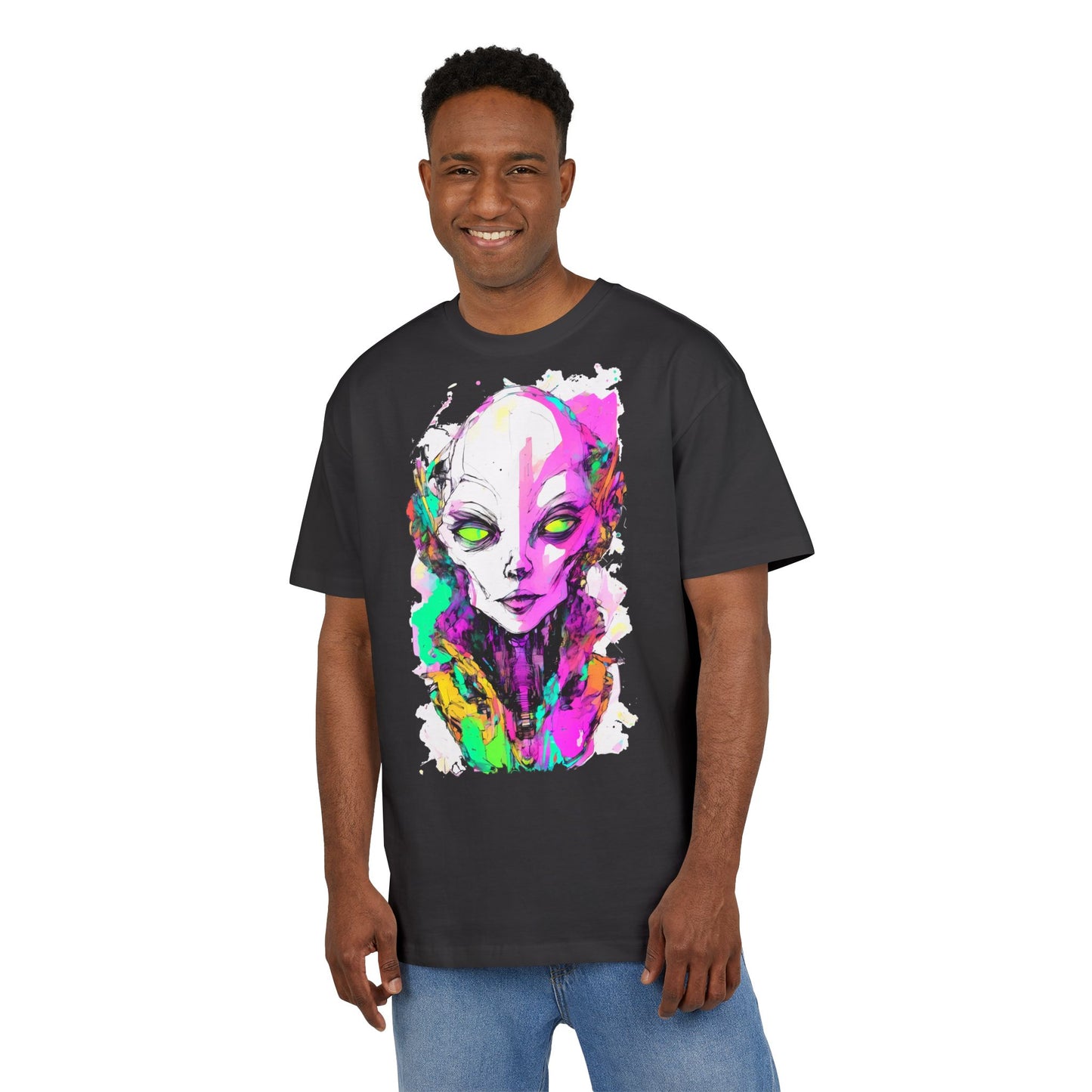 Colorful Alien Graphic Unisex Heavy Oversize Tee | Casual Streetwear, Gift for UFO Enthusiasts, Statement Tee, Festival Wear, Unique Art Tee