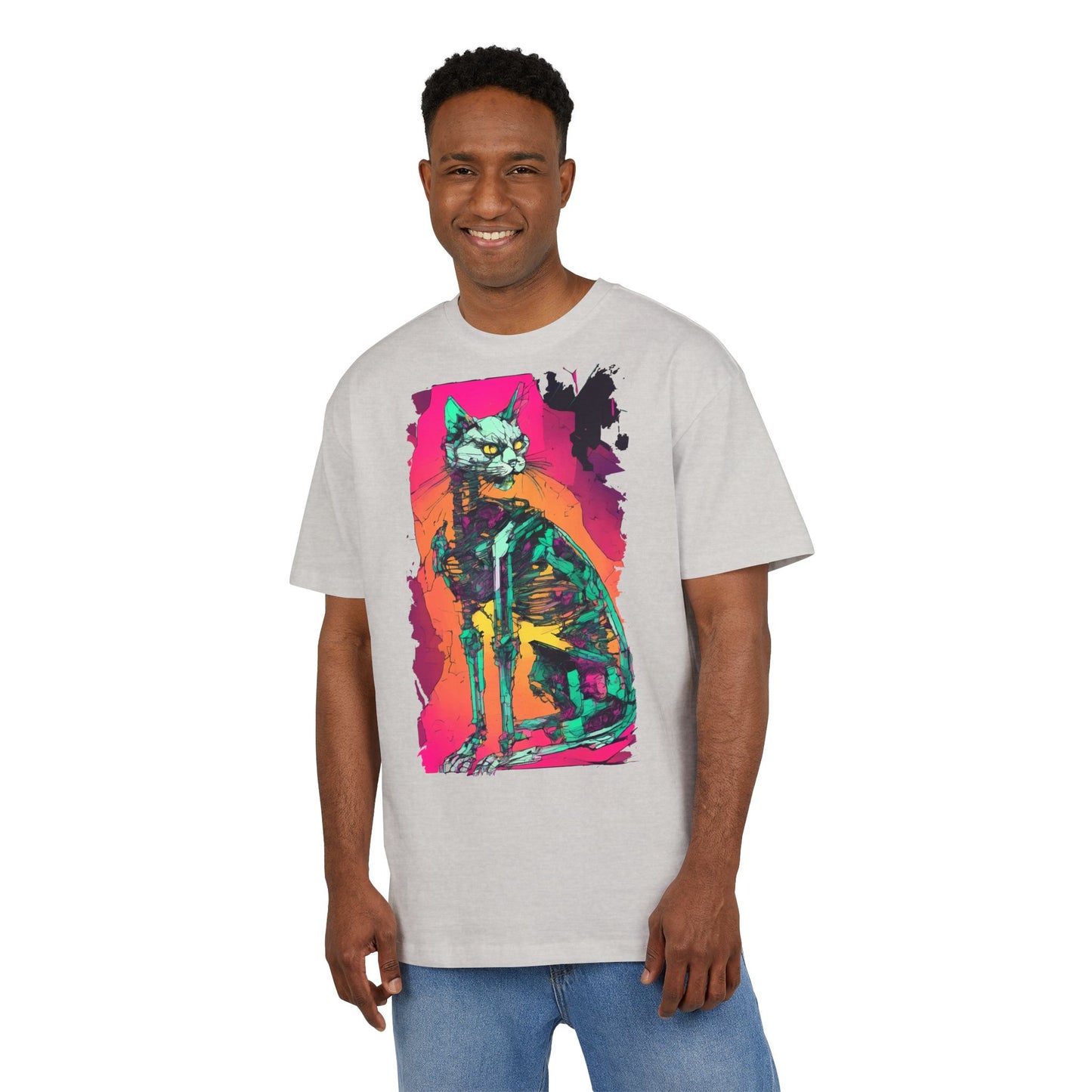 Vibrant Cat Art Tee, Unisex Oversized T-Shirt, Colorful Pet Lover Gift, Unique Graphic Shirt, Casual Everyday Wear