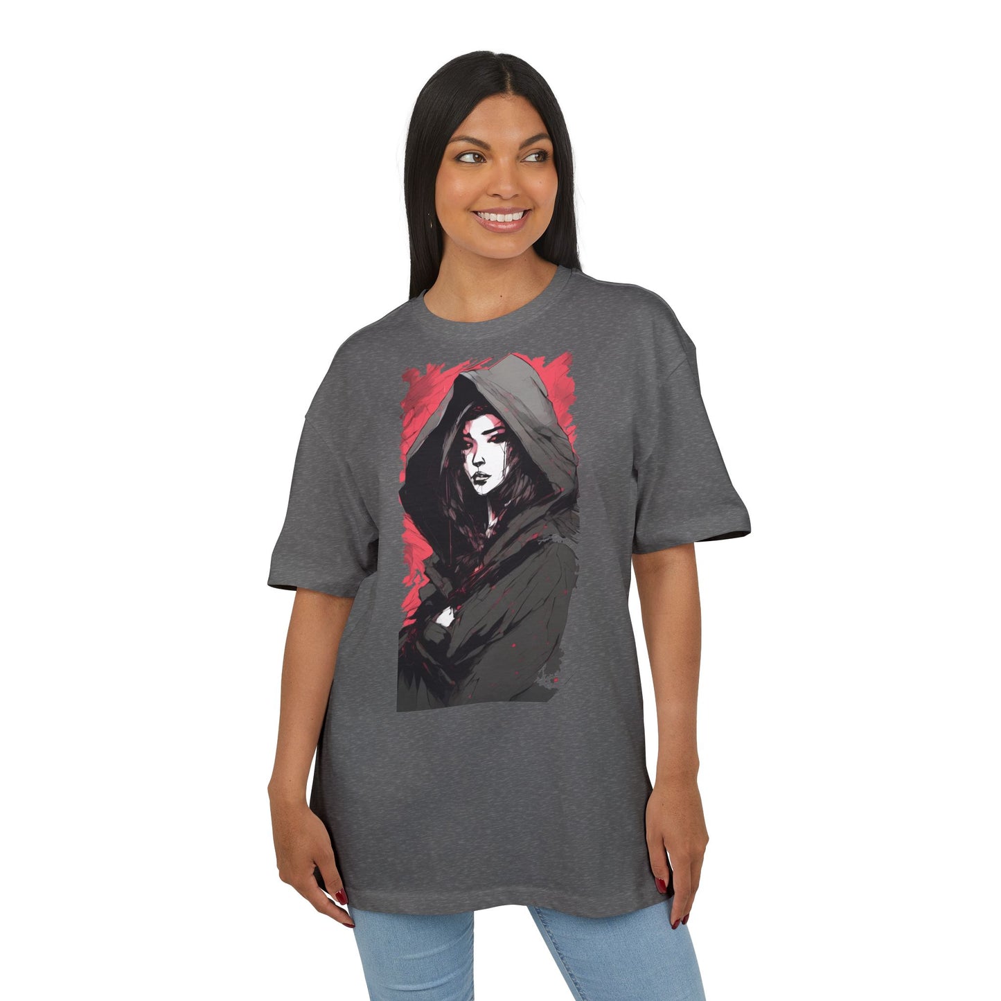 Artistic Oversize Tee with Hooded Character Design, Unisex Streetwear, Graphic Tee, Casual Wear, Unique Gift, Fashion Statement