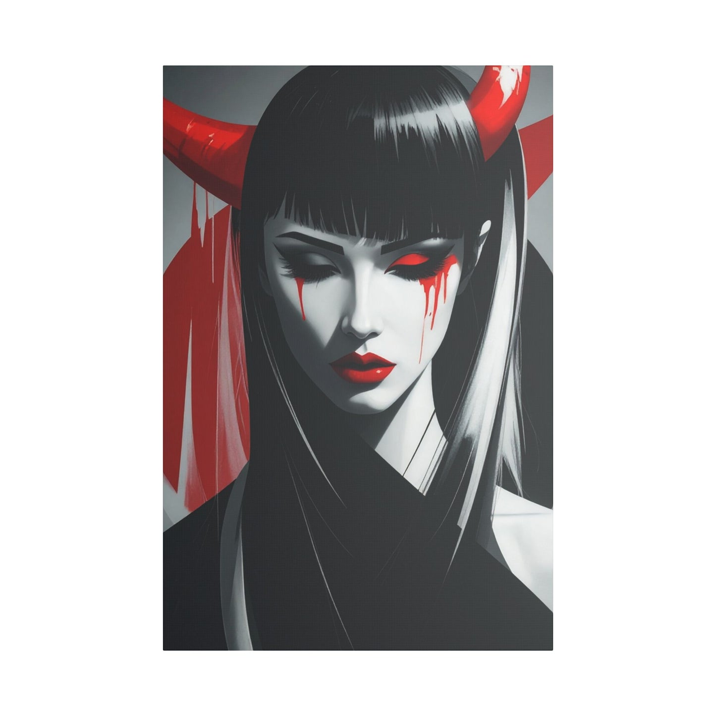 Japanese Art Canvas, Stretched Wall Art, Modern Home Decor, Red and Black Portrait, Unique Gift for Art Lovers, Asian Aesthetic