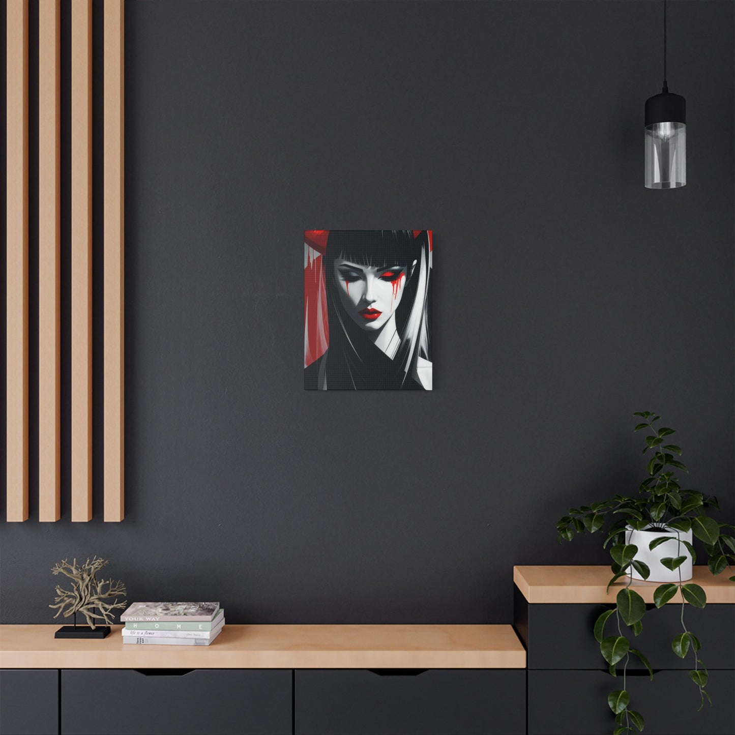 Japanese Art Canvas, Stretched Wall Art, Modern Home Decor, Red and Black Portrait, Unique Gift for Art Lovers, Asian Aesthetic