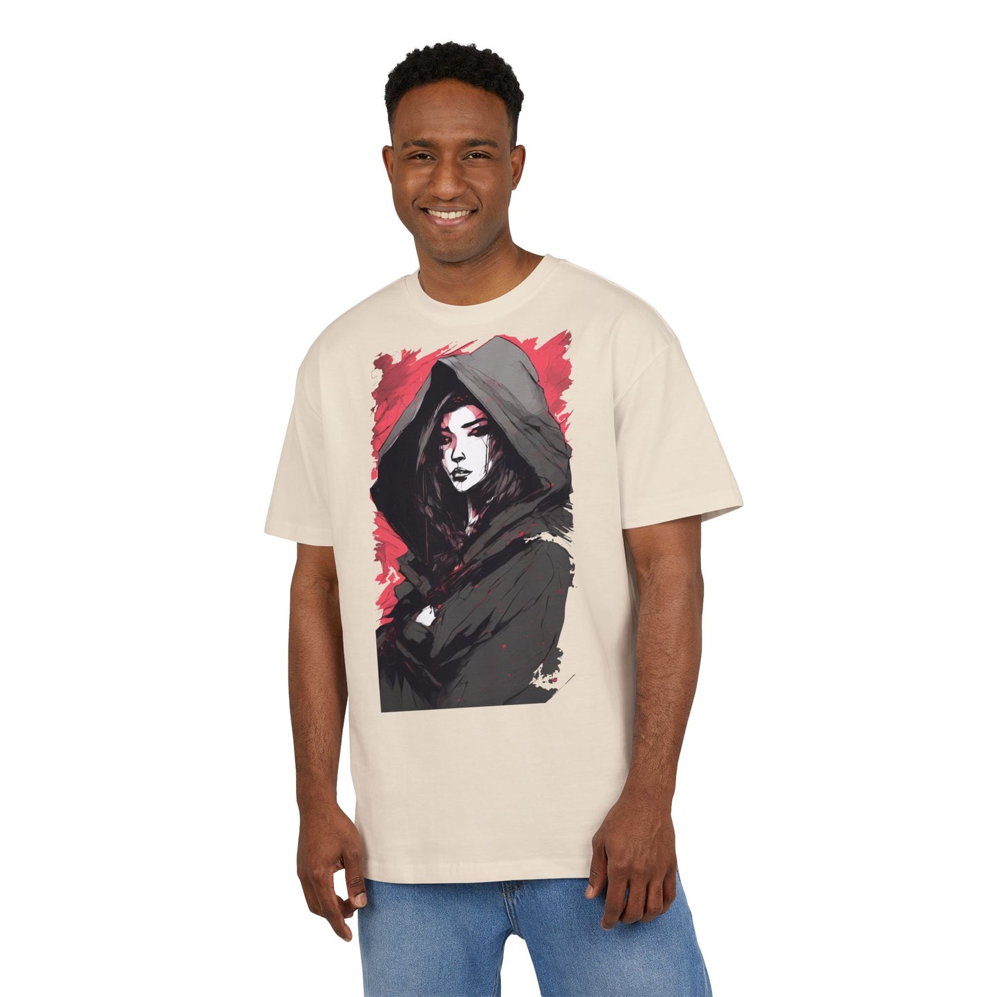 Artistic Oversize Tee with Hooded Character Design, Unisex Streetwear, Graphic Tee, Casual Wear, Unique Gift, Fashion Statement