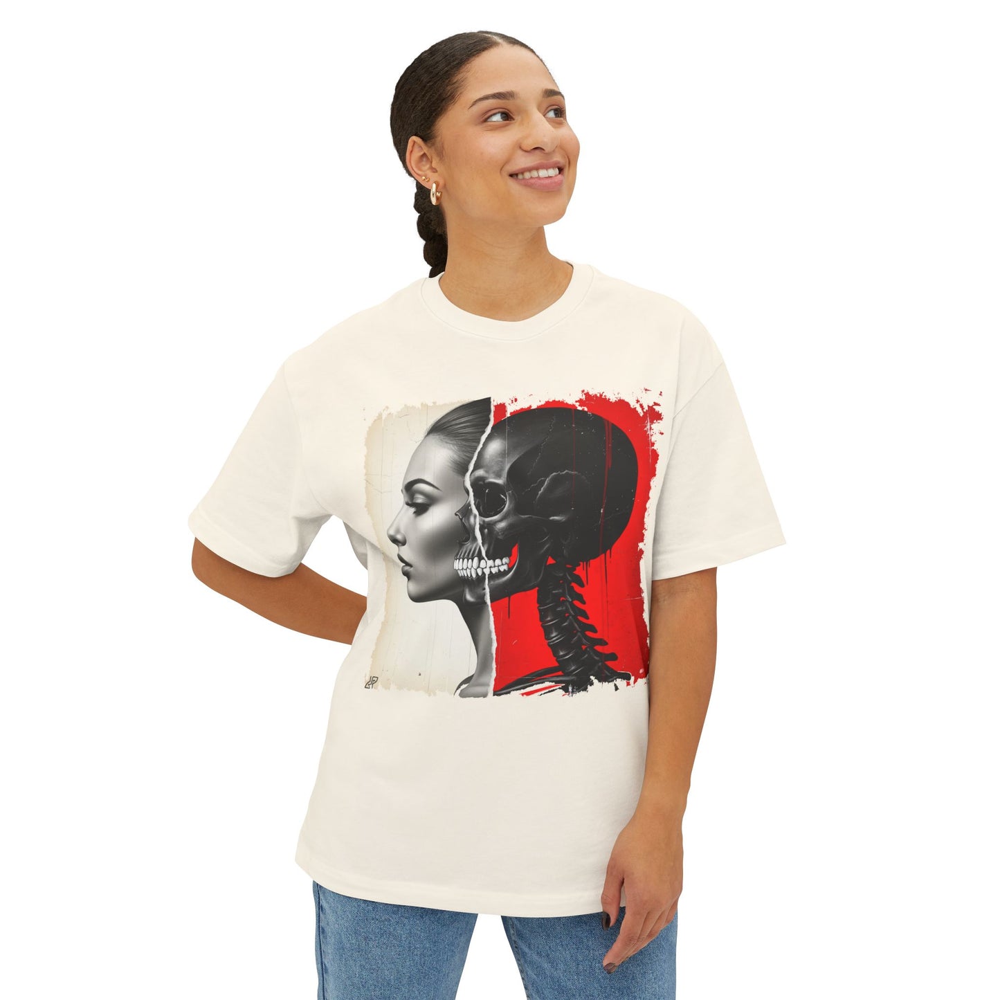 Artistic Unisex Oversized Tee - Skeleton & Profile Design, Graphic Tee for Casual Style, Unique Gift for Art Lovers, Streetwear