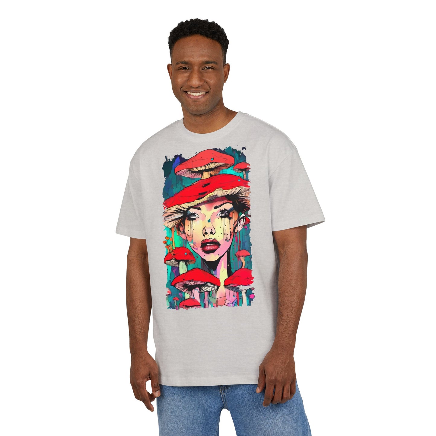 Colorful Art Tee, Unisex Heavy Oversize Tee with Mushroom Design, Casual Wear, Graphic Shirt, Gift for Art Lovers, Streetwear Style
