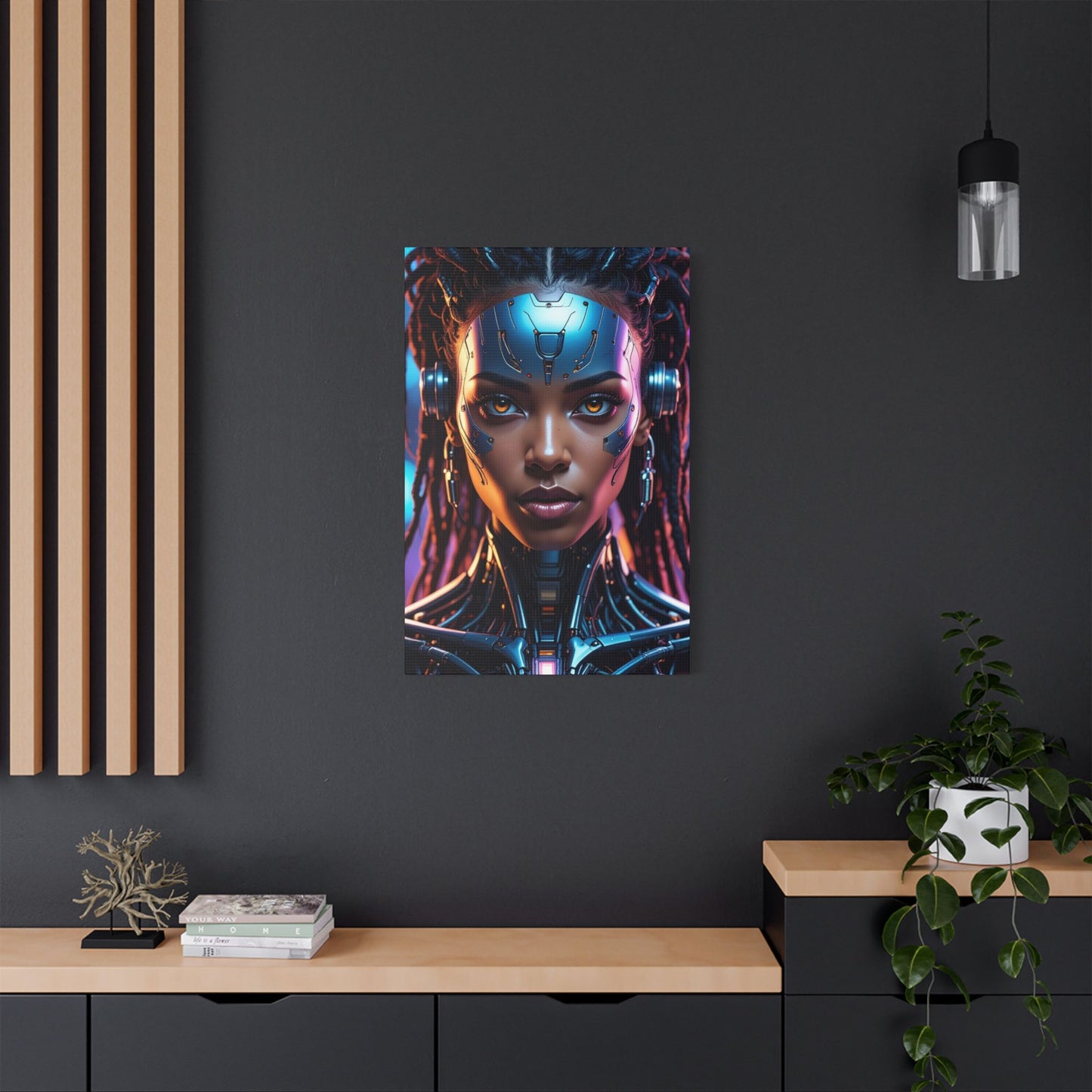 Satin Canvas Wall Art, Futuristic Female Portrait, Sci-Fi Decor, Cyberpunk Artwork, Geek Home Decor, Gift for Tech Lovers