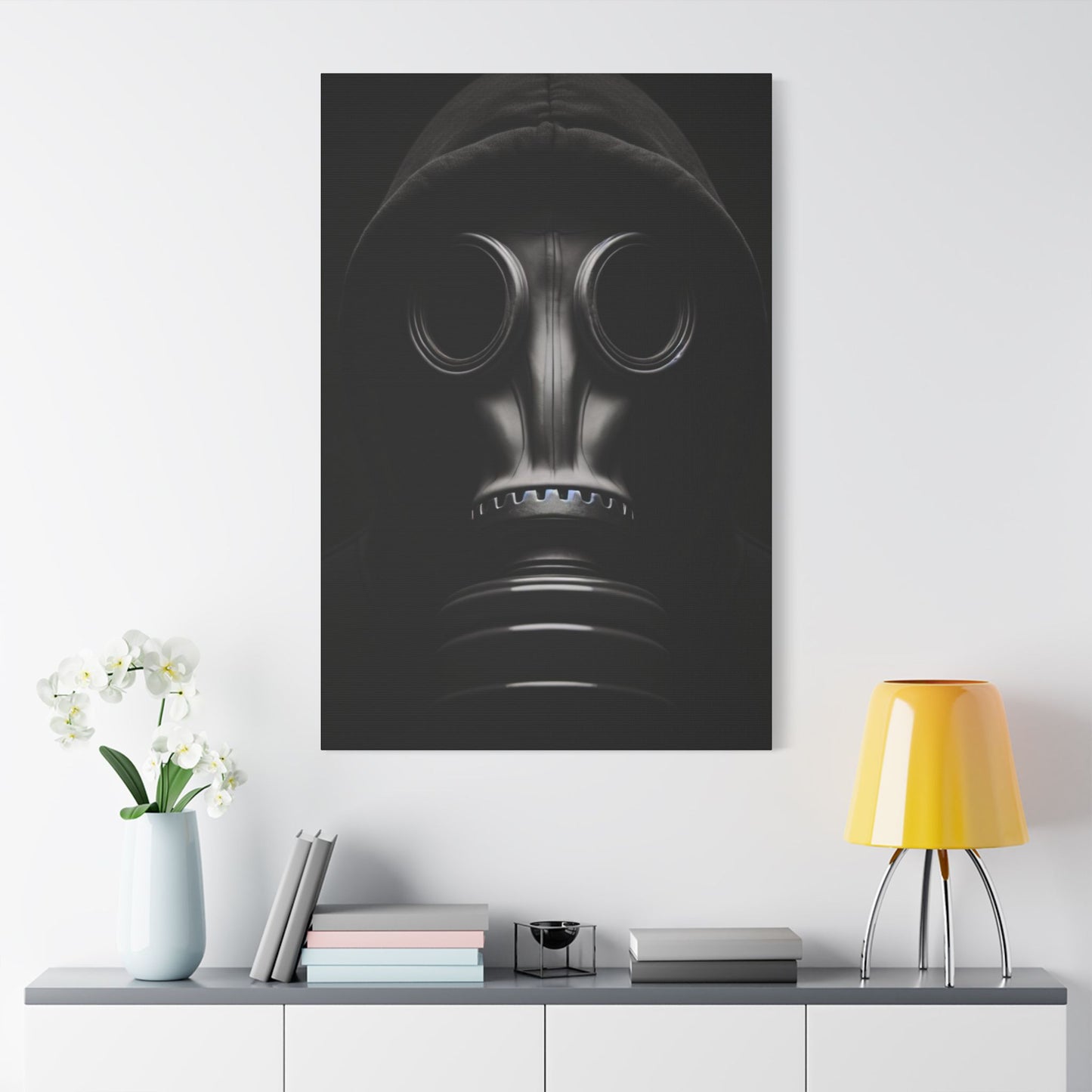 Stylish Gas Mask Art Canvas, Dark Aesthetic Wall Decor, Unique Gift for Art Lovers, Modern Home Accent, Gothic Room Art