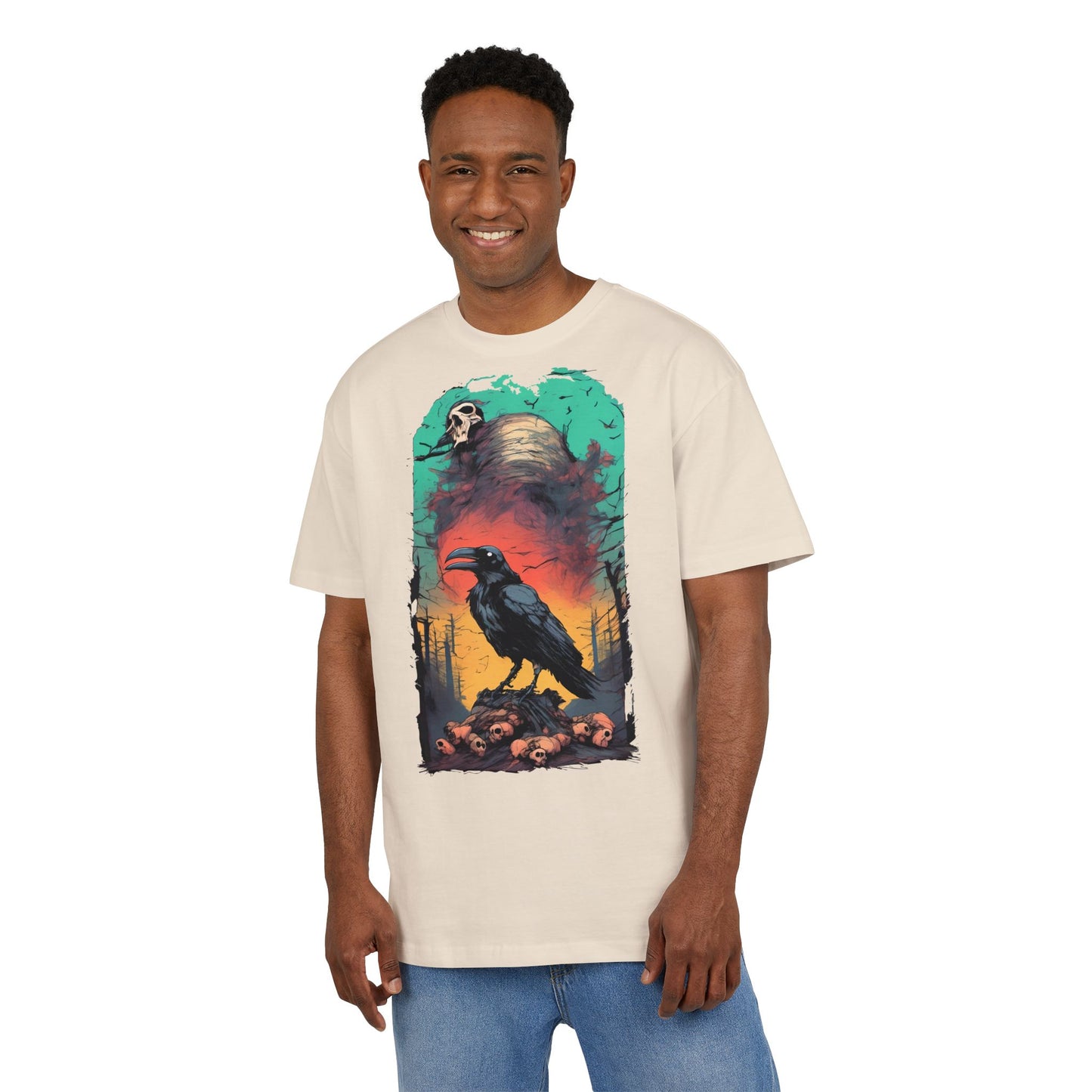 Mystical Raven Oversize Tee: Boho Style, Unisex Graphic T-Shirt for Nature Lovers, Festival Wear, Halloween, Gift Ideas