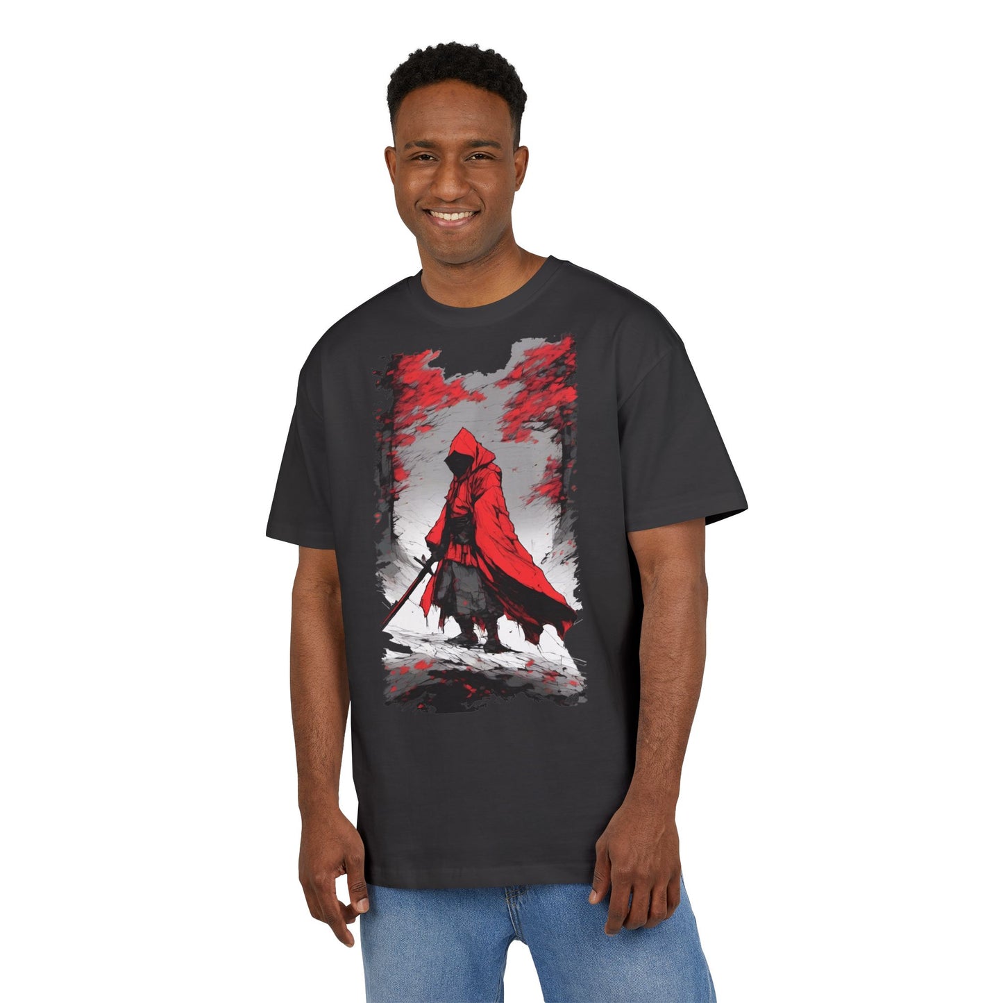 Stylish Unisex Heavy Oversize Tee - Red Hooded Figure Design, Graphic Tee, Casual Wear, Streetwear, Gifts for Men and Women