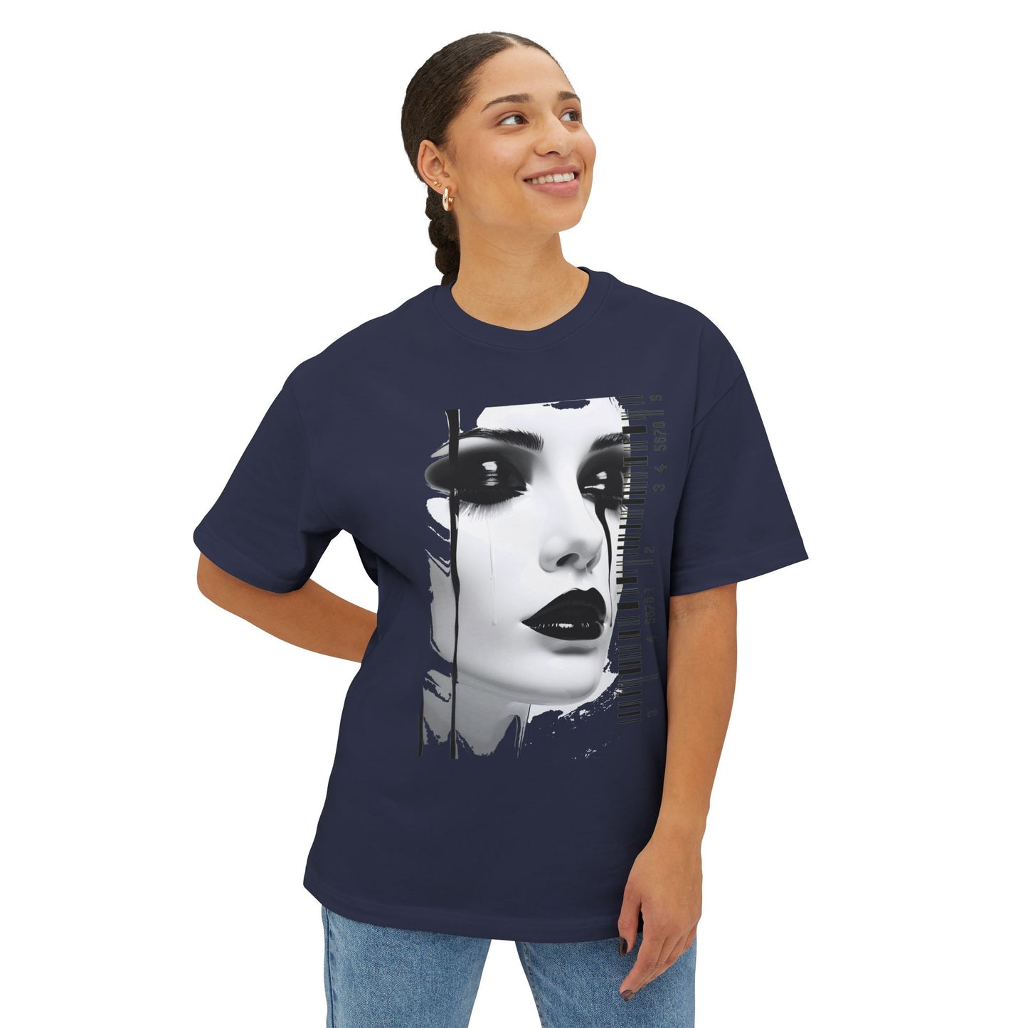 Chic Art Print Boxy Tee, Oversized Graphic T-Shirt, Fashionable Streetwear Top, Unique Women’s Cotton Tee, Casual Everyday Wear