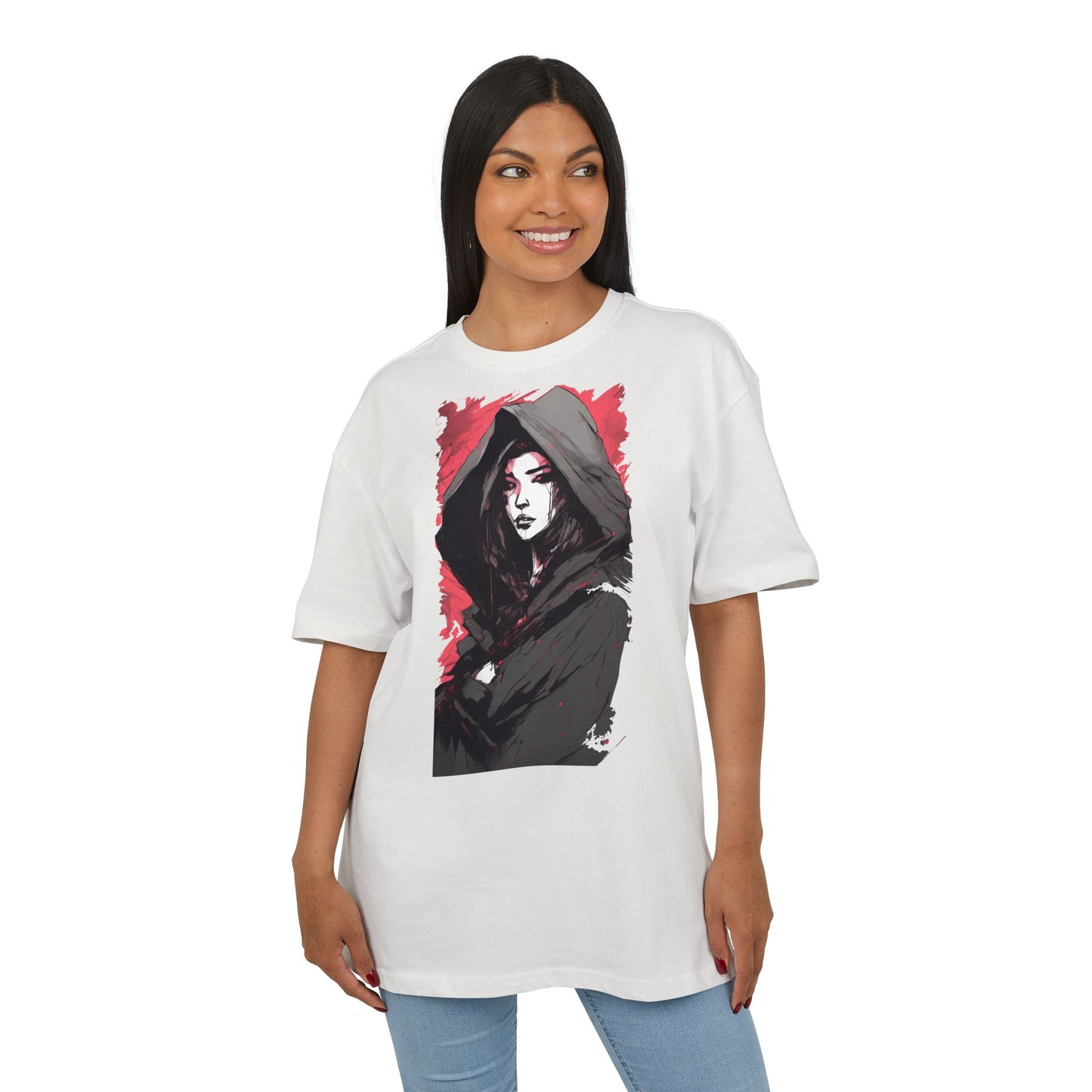 Artistic Oversize Tee with Hooded Character Design, Unisex Streetwear, Graphic Tee, Casual Wear, Unique Gift, Fashion Statement