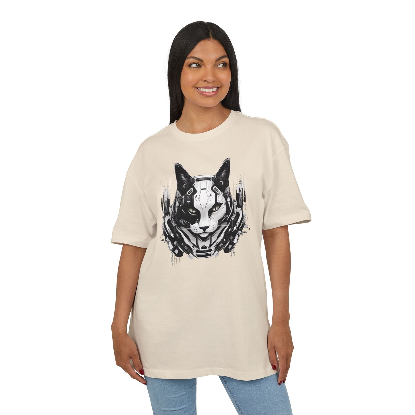 Cyber Cat Graphic Tee - Unisex Oversized T-Shirt, Cool Streetwear, Gift for Cat Lovers, Futuristic Design, Casual Everyday Wear