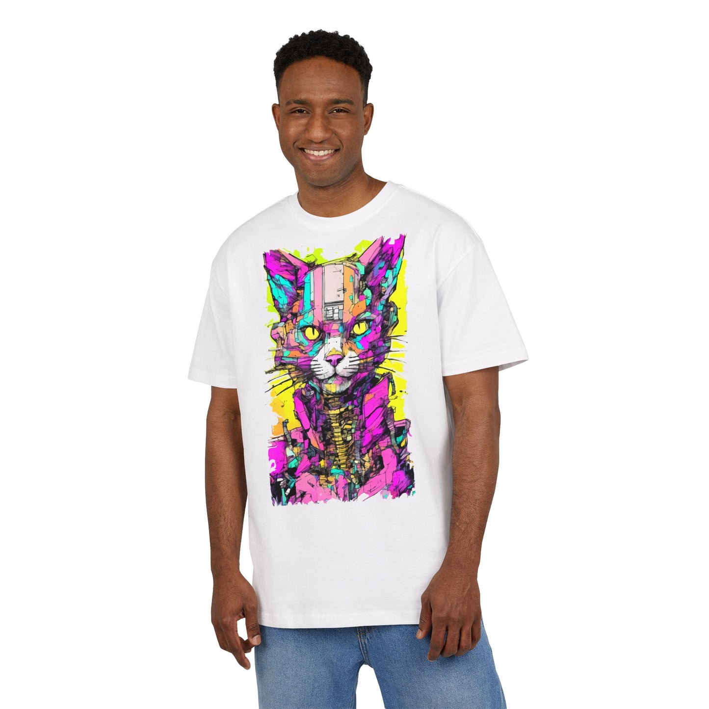 Colorful Cat Graphic Tee, Unisex Heavy Oversize T-Shirt, Funky Cat Art Shirt, Gift for Cat Lovers, Unique Casual Wear