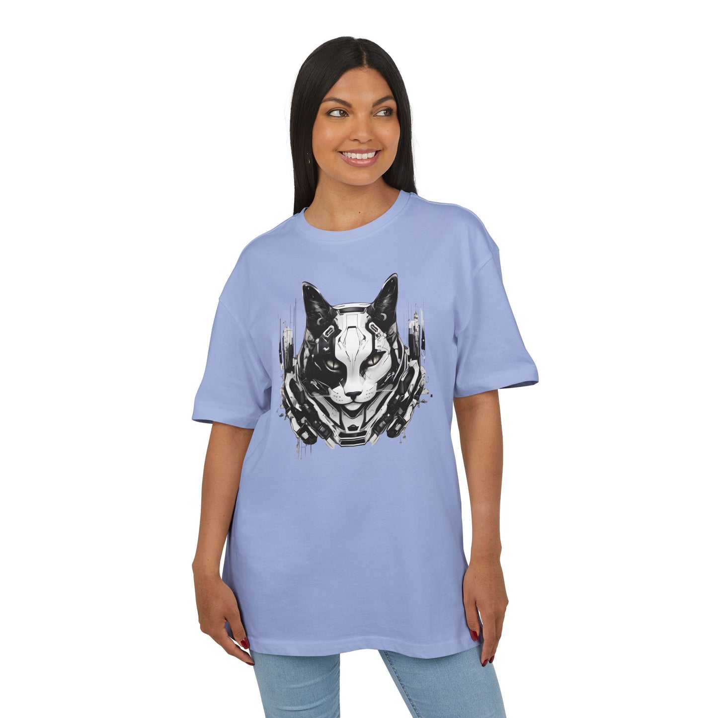 Cyber Cat Graphic Tee - Unisex Oversized T-Shirt, Cool Streetwear, Gift for Cat Lovers, Futuristic Design, Casual Everyday Wear