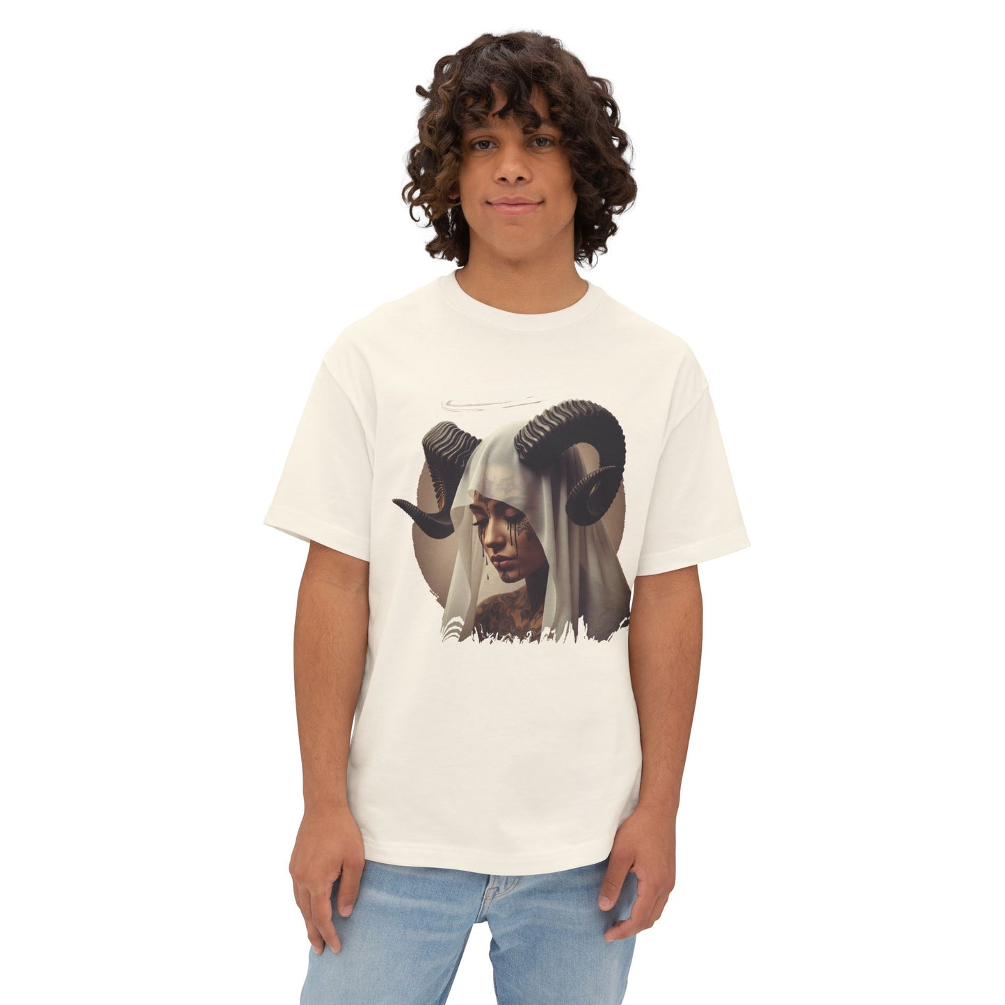 Mystical Ram Graphic Tee, Unisex Oversized Boxy Tee, Statement T-Shirt, Boho Chic Shirt, Art-Inspired Fashion, Comfortable Everyday Wear
