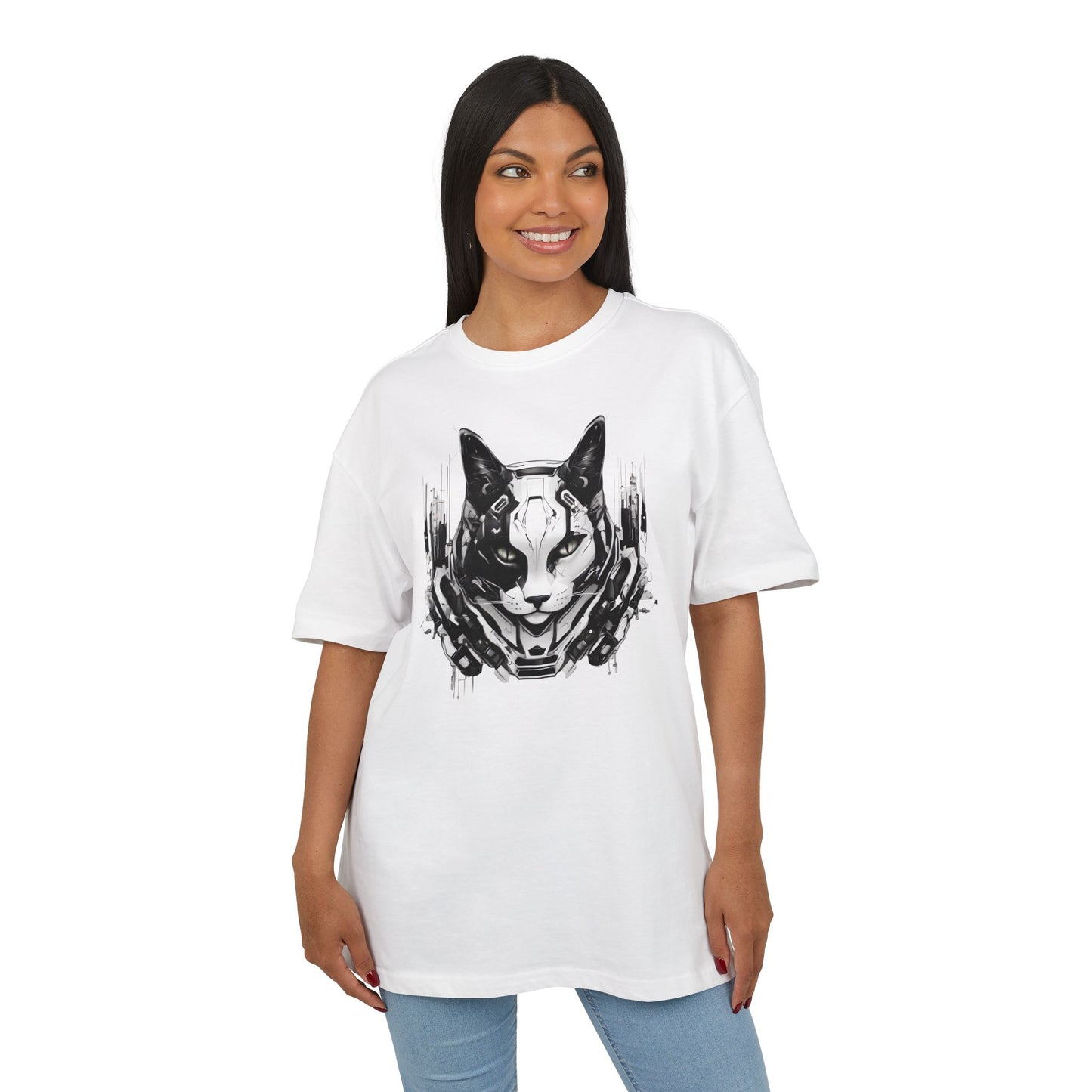 Cyber Cat Graphic Tee - Unisex Oversized T-Shirt, Cool Streetwear, Gift for Cat Lovers, Futuristic Design, Casual Everyday Wear