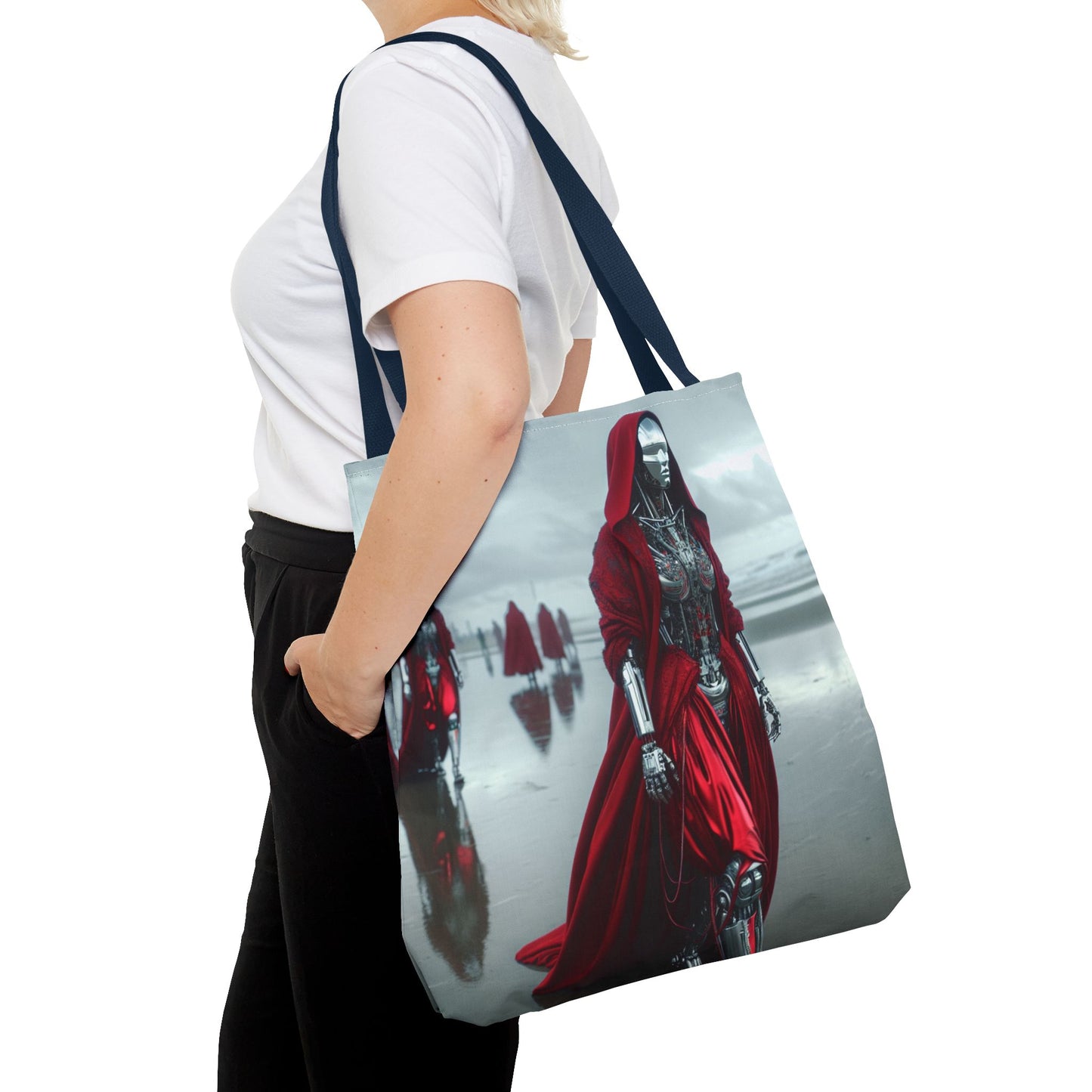 Futuristic Red Hooded Tote Bag, Eco-Friendly Shopping Tote, Stylish Reusable Bag, Perfect for Gifts, Fashion Statement