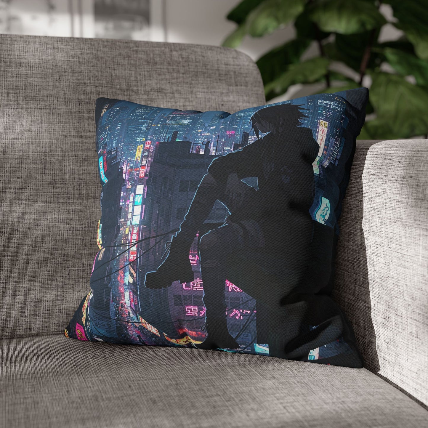 Anime-Inspired Urban Pillowcase, Cozy Home Decor, Nerdy Gift, Bedroom Accent, Cyberpunk Decor, Manga Lover Gift
