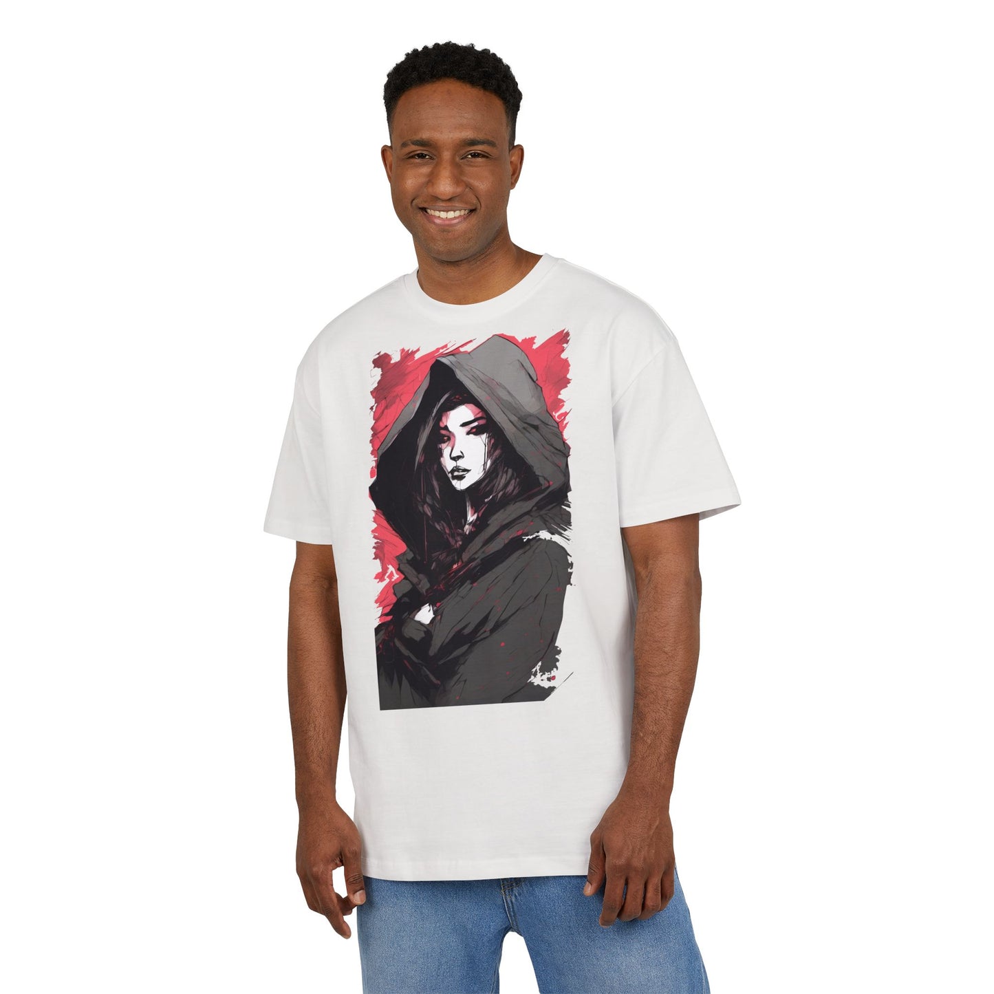 Artistic Oversize Tee with Hooded Character Design, Unisex Streetwear, Graphic Tee, Casual Wear, Unique Gift, Fashion Statement