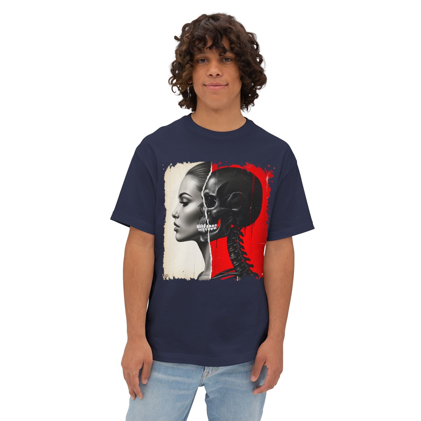 Artistic Unisex Oversized Tee - Skeleton & Profile Design, Graphic Tee for Casual Style, Unique Gift for Art Lovers, Streetwear