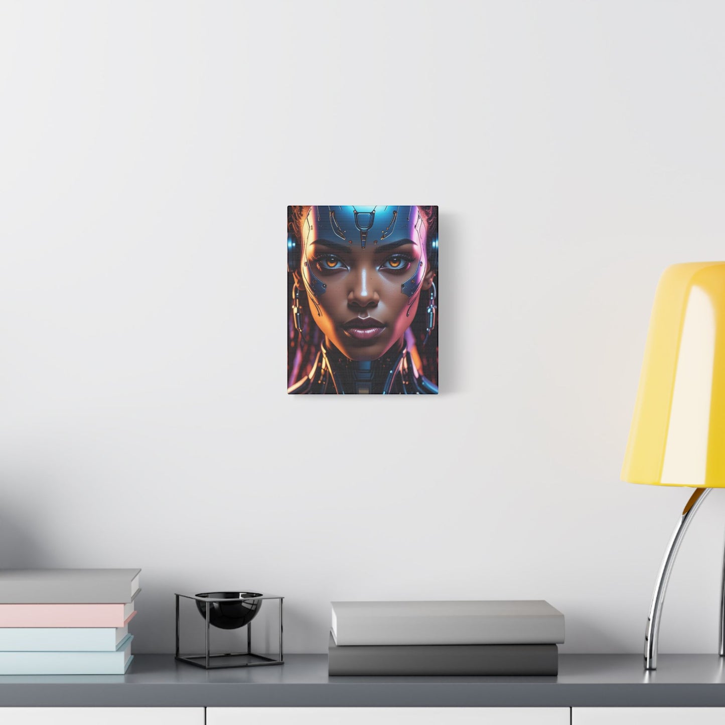 Satin Canvas Wall Art, Futuristic Female Portrait, Sci-Fi Decor, Cyberpunk Artwork, Geek Home Decor, Gift for Tech Lovers