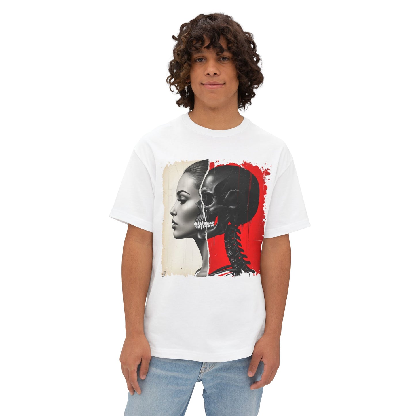 Artistic Unisex Oversized Tee - Skeleton & Profile Design, Graphic Tee for Casual Style, Unique Gift for Art Lovers, Streetwear