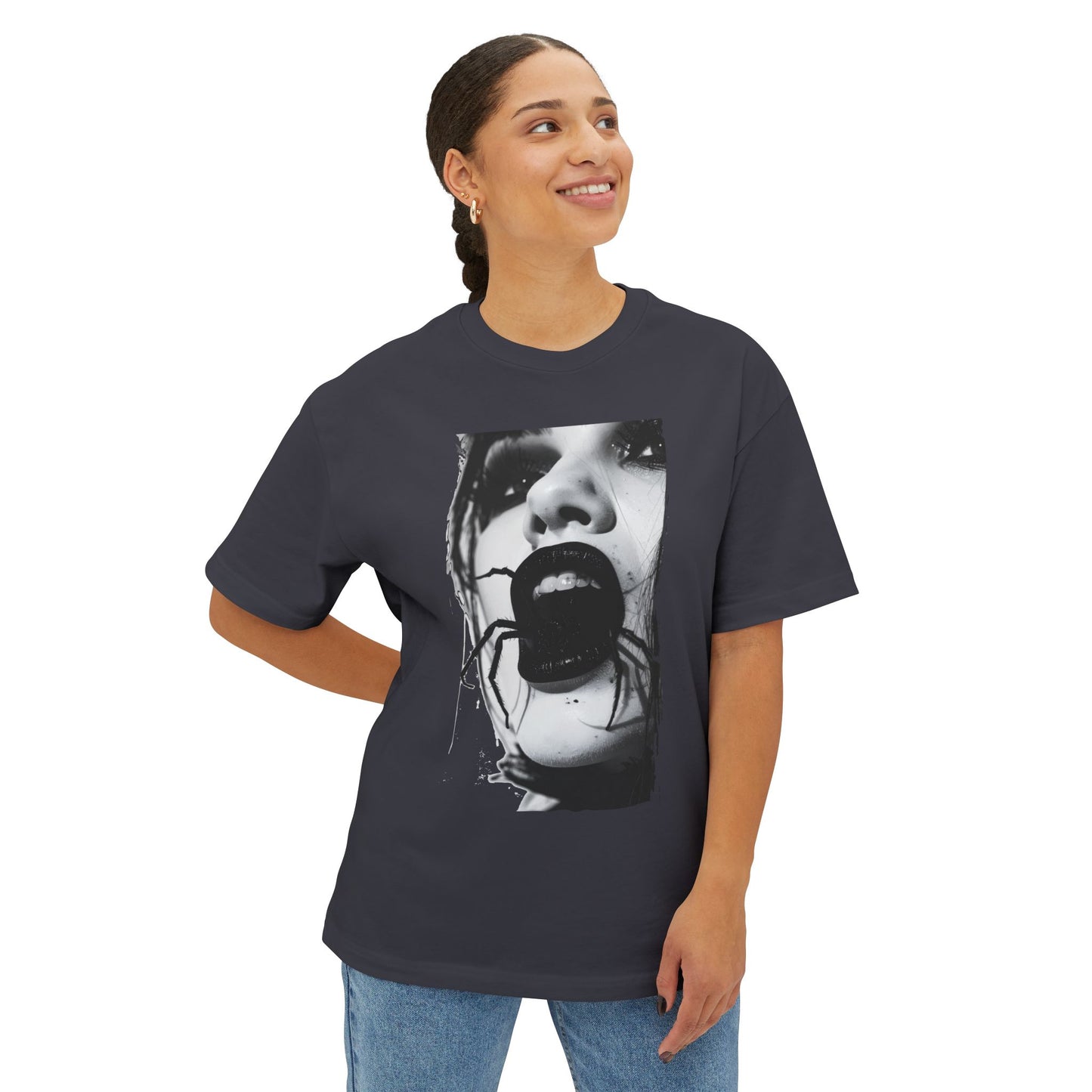 Spooky Spider Graphic Tee, Unisex Oversized Black Widow Shirt, Halloween Apparel, Creepy Casual Wear, Unique Gift Idea