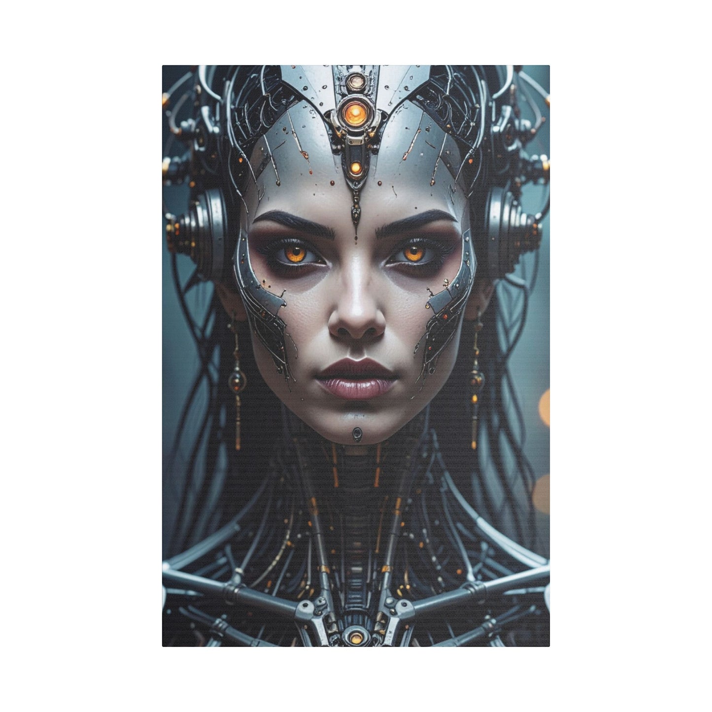 Futuristic Stretched Canvas Art, Cyberpunk Wall Décor, Unique Home Decor, Robot Portrait, Gothic Art Giveaway