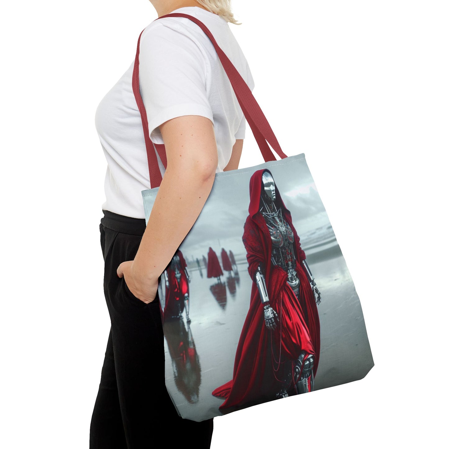 Futuristic Red Hooded Tote Bag, Eco-Friendly Shopping Tote, Stylish Reusable Bag, Perfect for Gifts, Fashion Statement