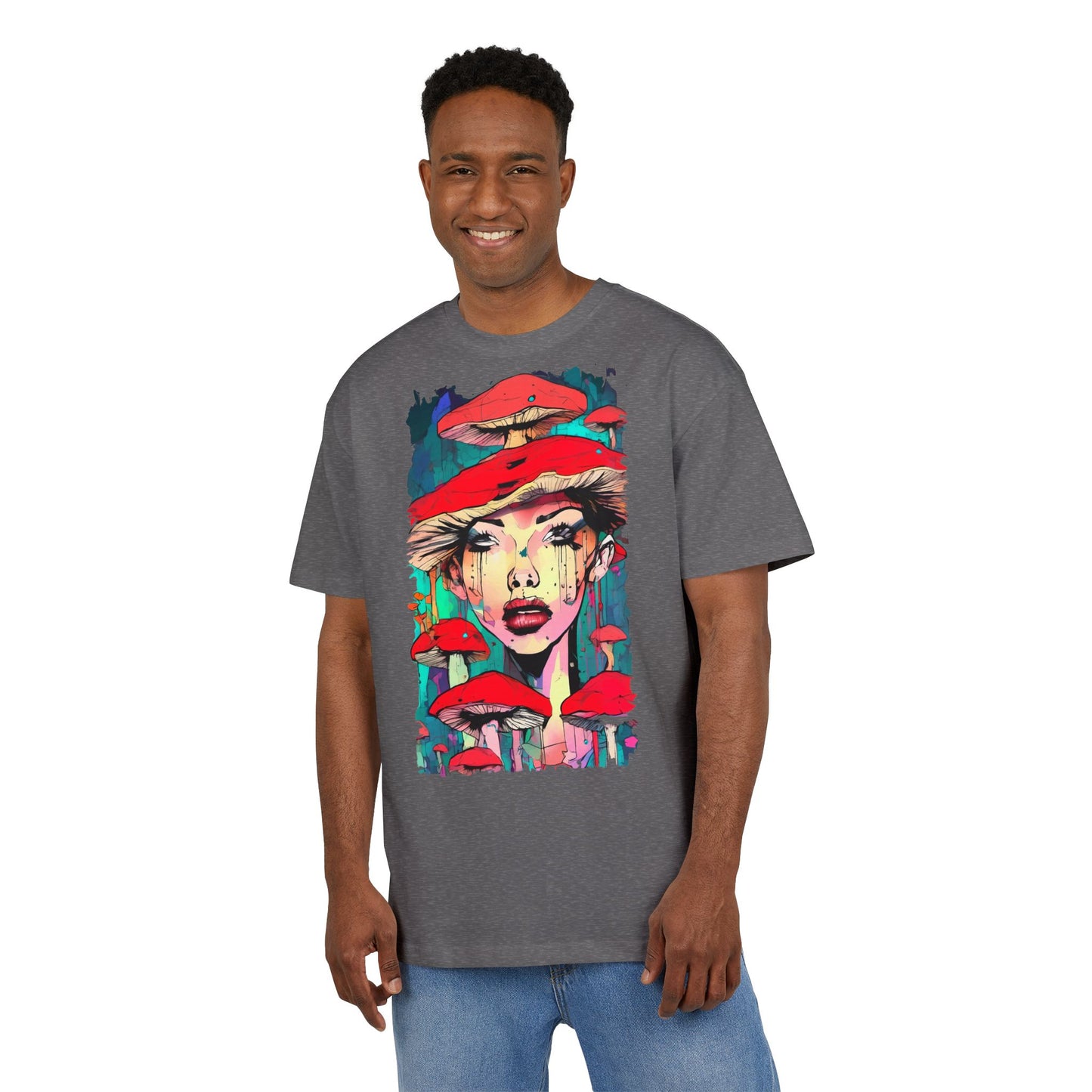 Colorful Art Tee, Unisex Heavy Oversize Tee with Mushroom Design, Casual Wear, Graphic Shirt, Gift for Art Lovers, Streetwear Style