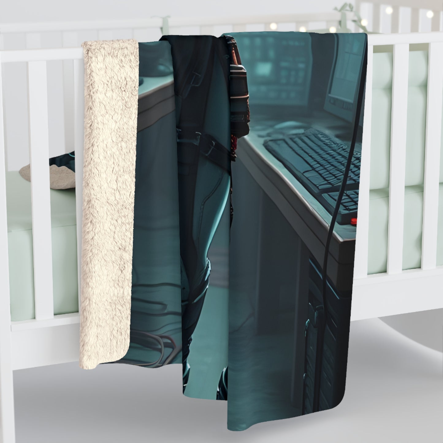 Futuristic Sherpa Fleece Blanket with Cyberpunk Design